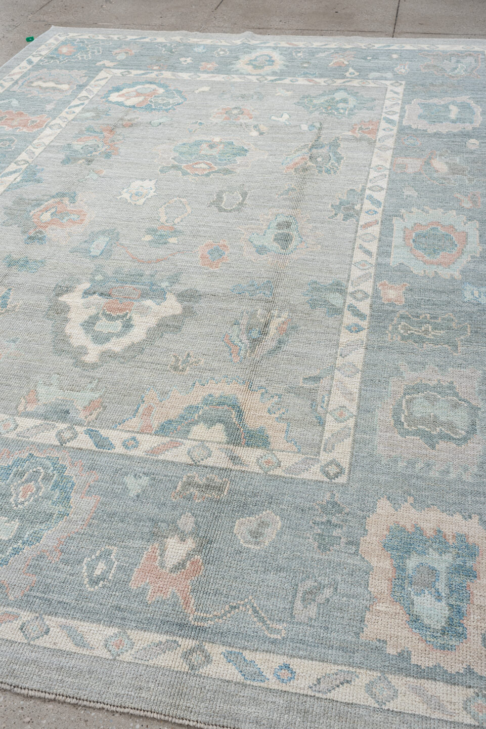 7' x 10' one-of-a-kind handmade vintage Oushak large size rug. Color palette: blue_gray, ivory, aqua, blush, taupe, sage