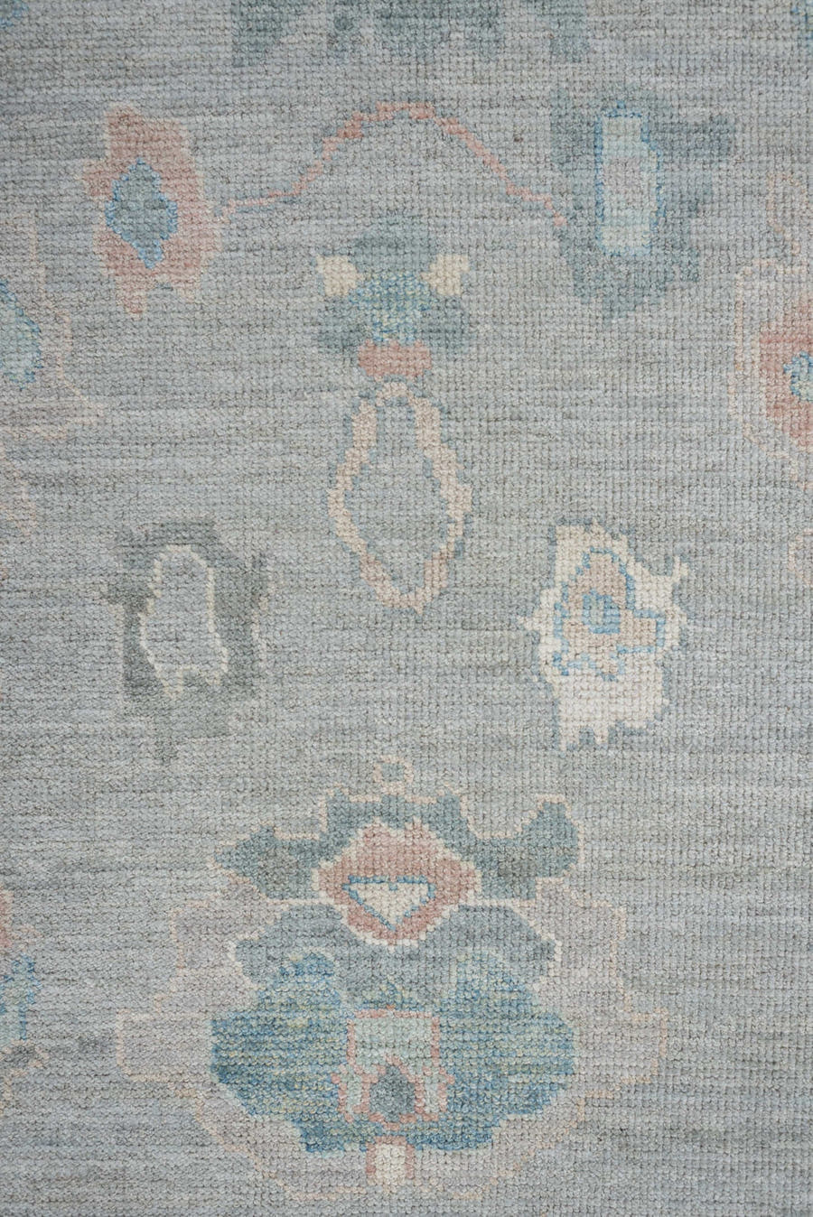 7' x 10' one-of-a-kind handmade vintage Oushak large size rug. Color palette: blue_gray, ivory, aqua, blush, taupe, sage