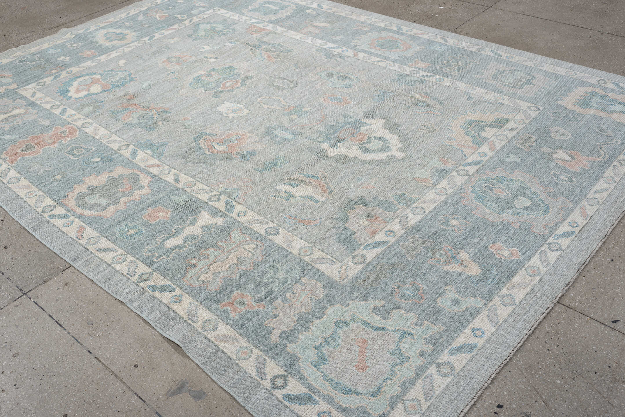 7' x 10' one-of-a-kind handmade vintage Oushak large size rug. Color palette: blue_gray, ivory, aqua, blush, taupe, sage