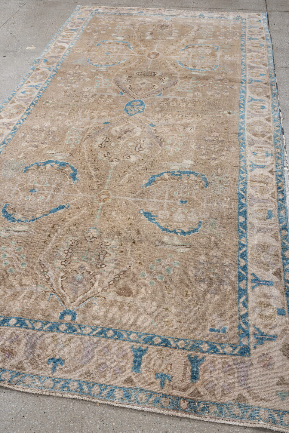 4' x 9' one-of-a-kind handmade antique Hamadan runner rug. Color palette: taupe, ivory, sky blue, beige, sand, pale aqua