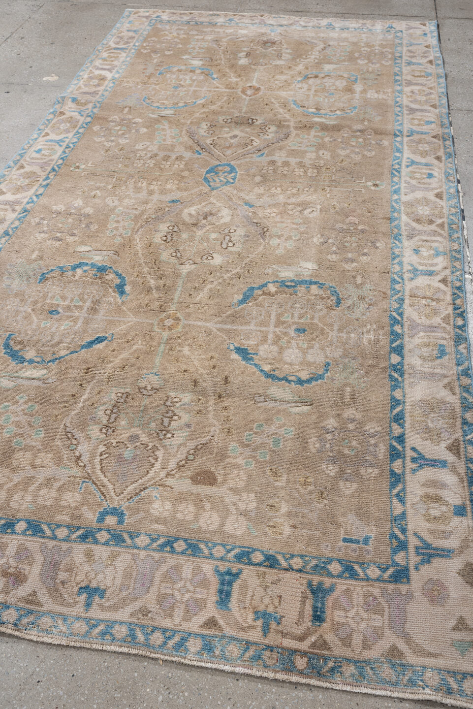 4' x 9' one-of-a-kind handmade antique Hamadan runner rug. Color palette: taupe, ivory, sky blue, beige, sand, pale aqua