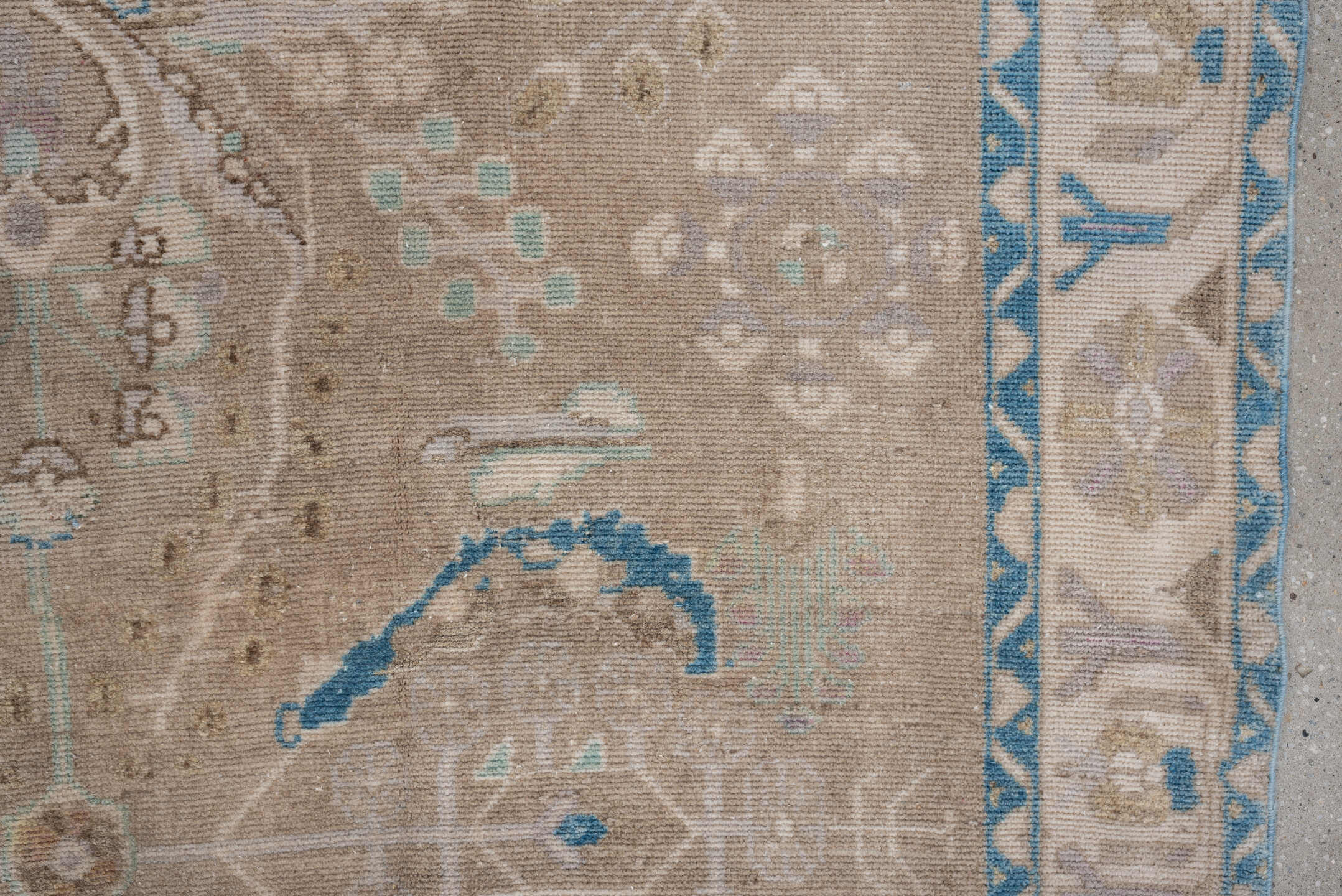 4' x 9' one-of-a-kind handmade antique Hamadan runner rug. Color palette: taupe, ivory, sky blue, beige, sand, pale aqua