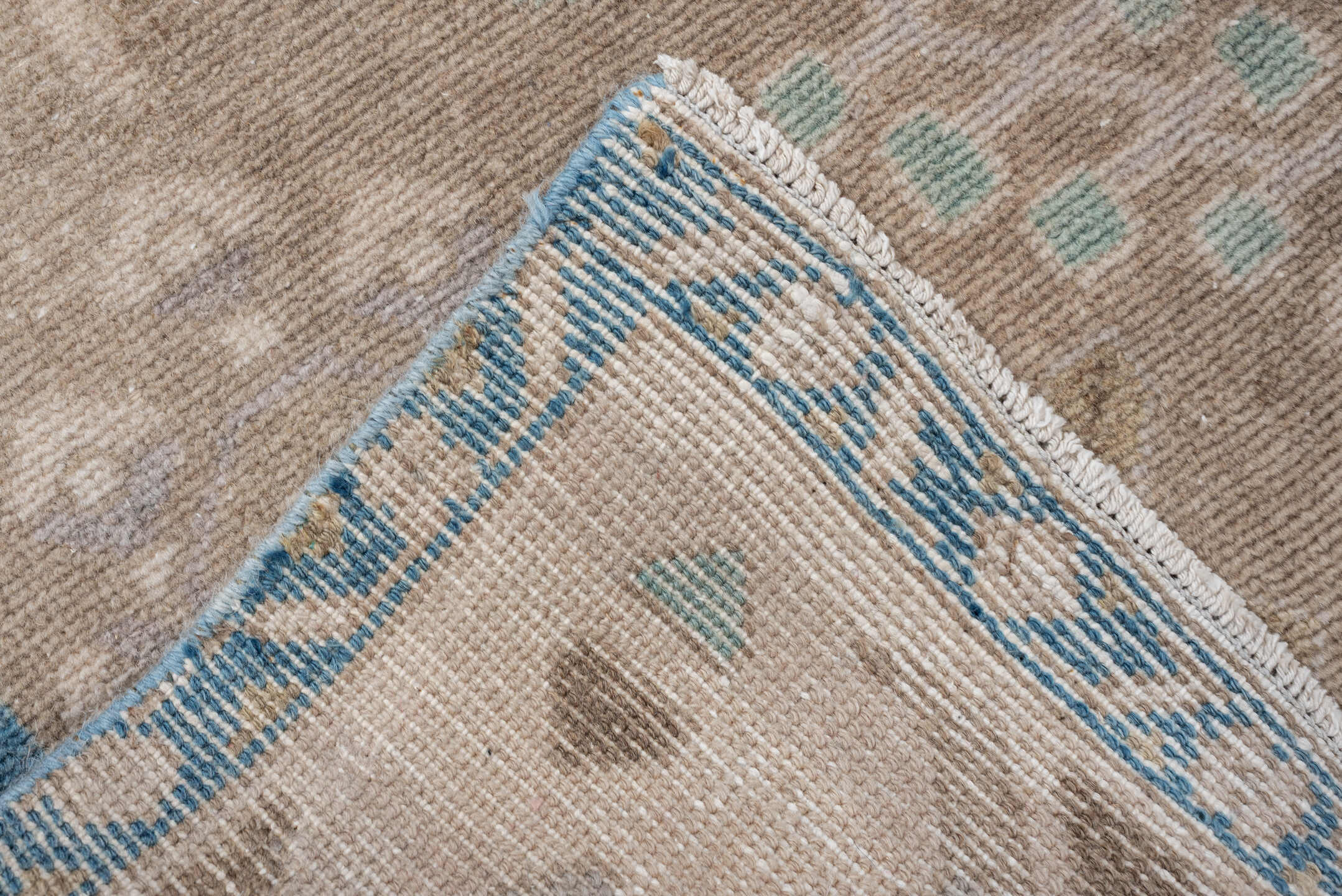 4' x 9' one-of-a-kind handmade antique Hamadan runner rug. Color palette: taupe, ivory, sky blue, beige, sand, pale aqua