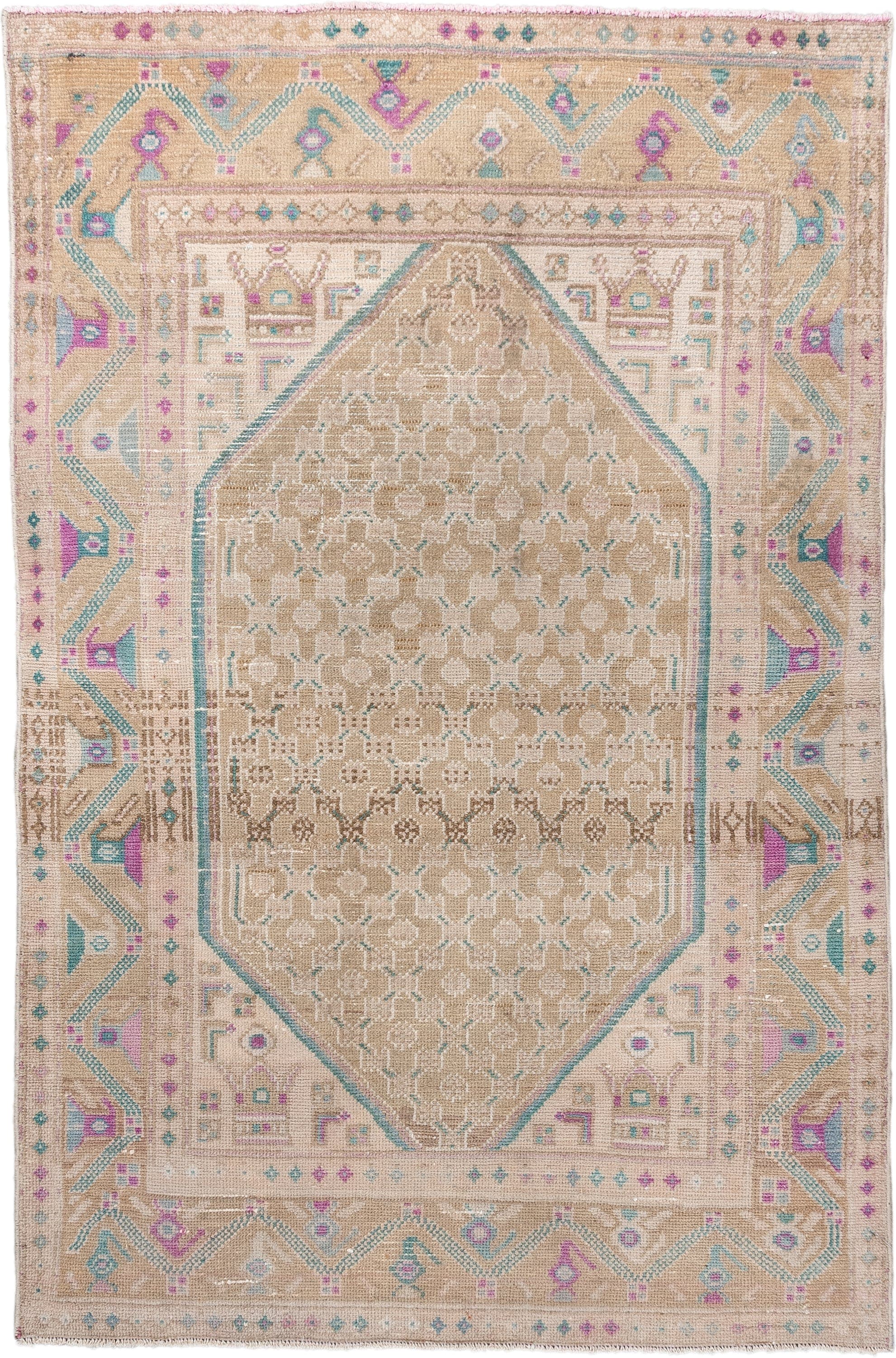 3' x 5' one-of-a-kind handmade antique Hamadan small size rug. Color palette: camel, ivory, aqua, rose, taupe, sand, beige