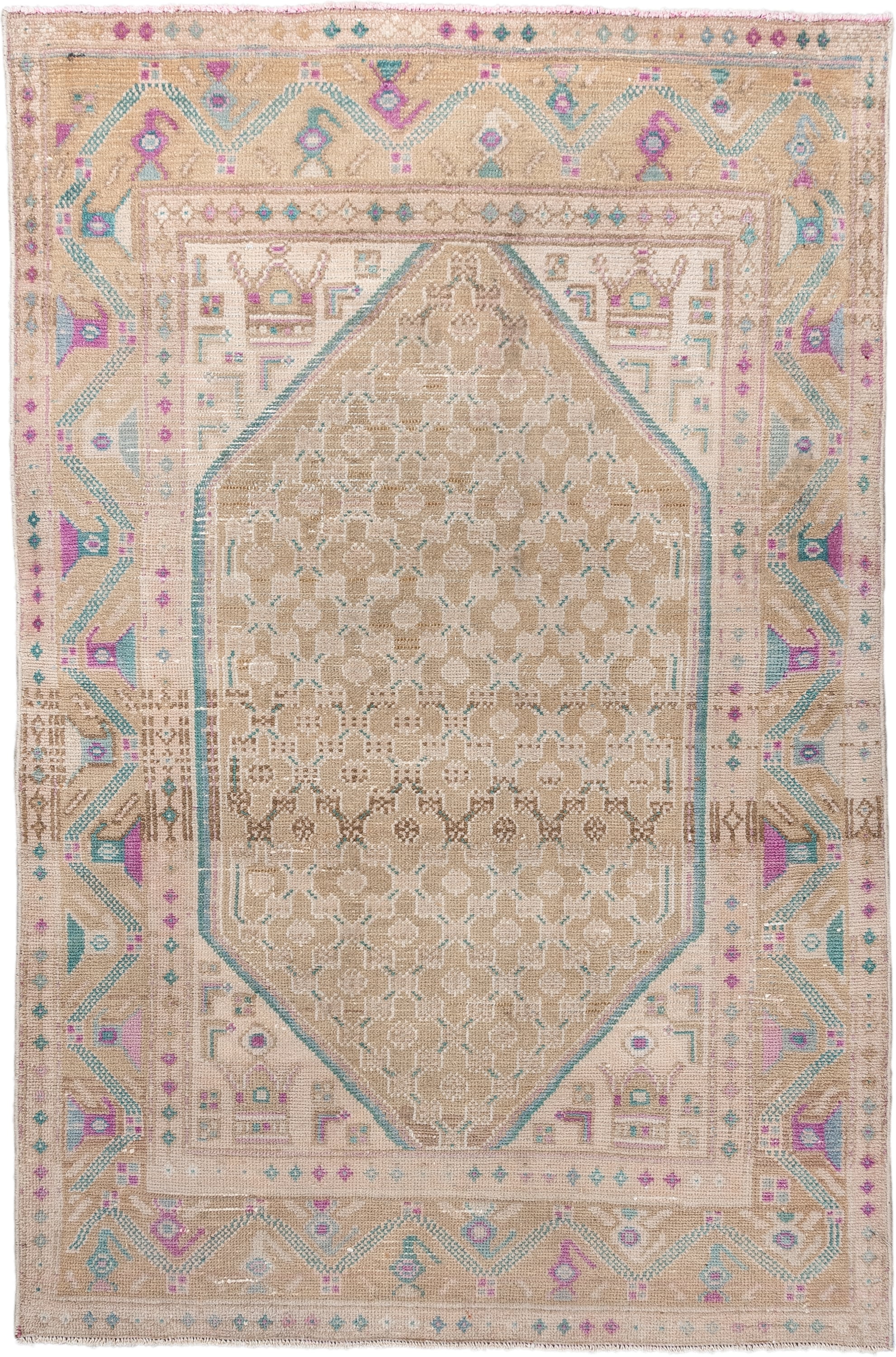 3' x 5' one-of-a-kind handmade antique Hamadan small size rug. Color palette: camel, ivory, aqua, rose, taupe, sand, beige