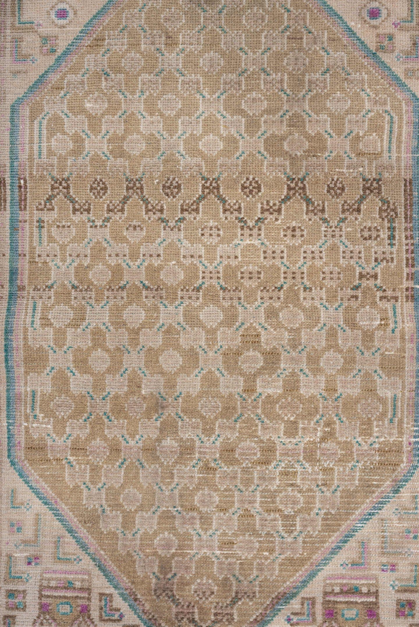 3' x 5' one-of-a-kind handmade antique Hamadan small size rug. Color palette: camel, ivory, aqua, rose, taupe, sand, beige