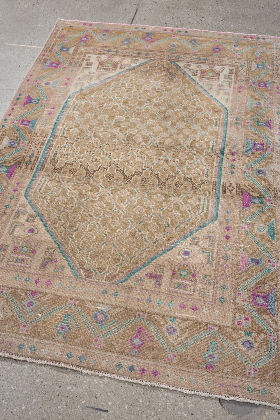 3' x 5' one-of-a-kind handmade antique Hamadan small size rug. Color palette: camel, ivory, aqua, rose, taupe, sand, beige