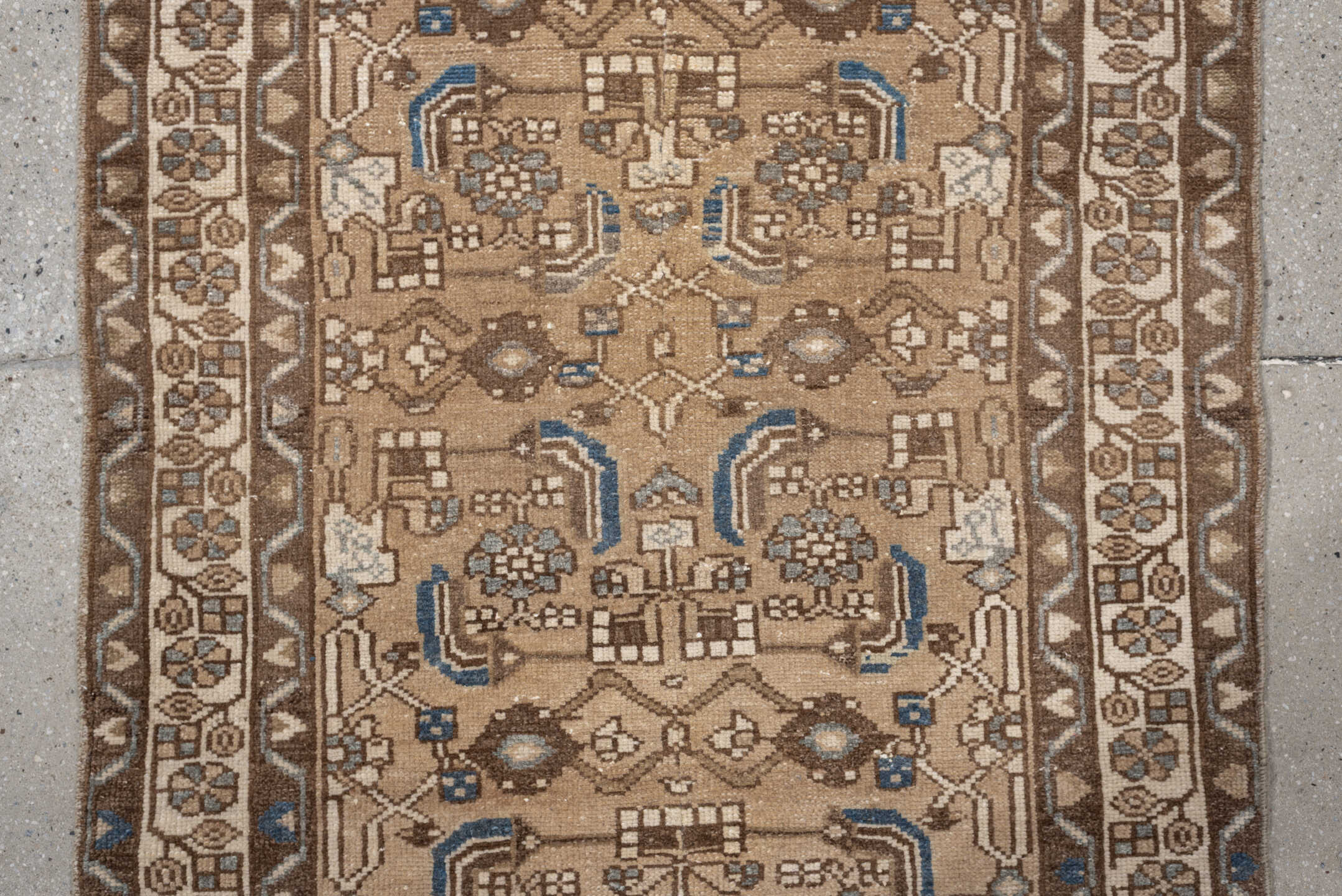 2' x 8' one-of-a-kind handmade antique Hamadan runner rug. Color palette: camel, taupe, ivory, brown, slate, blue, beige