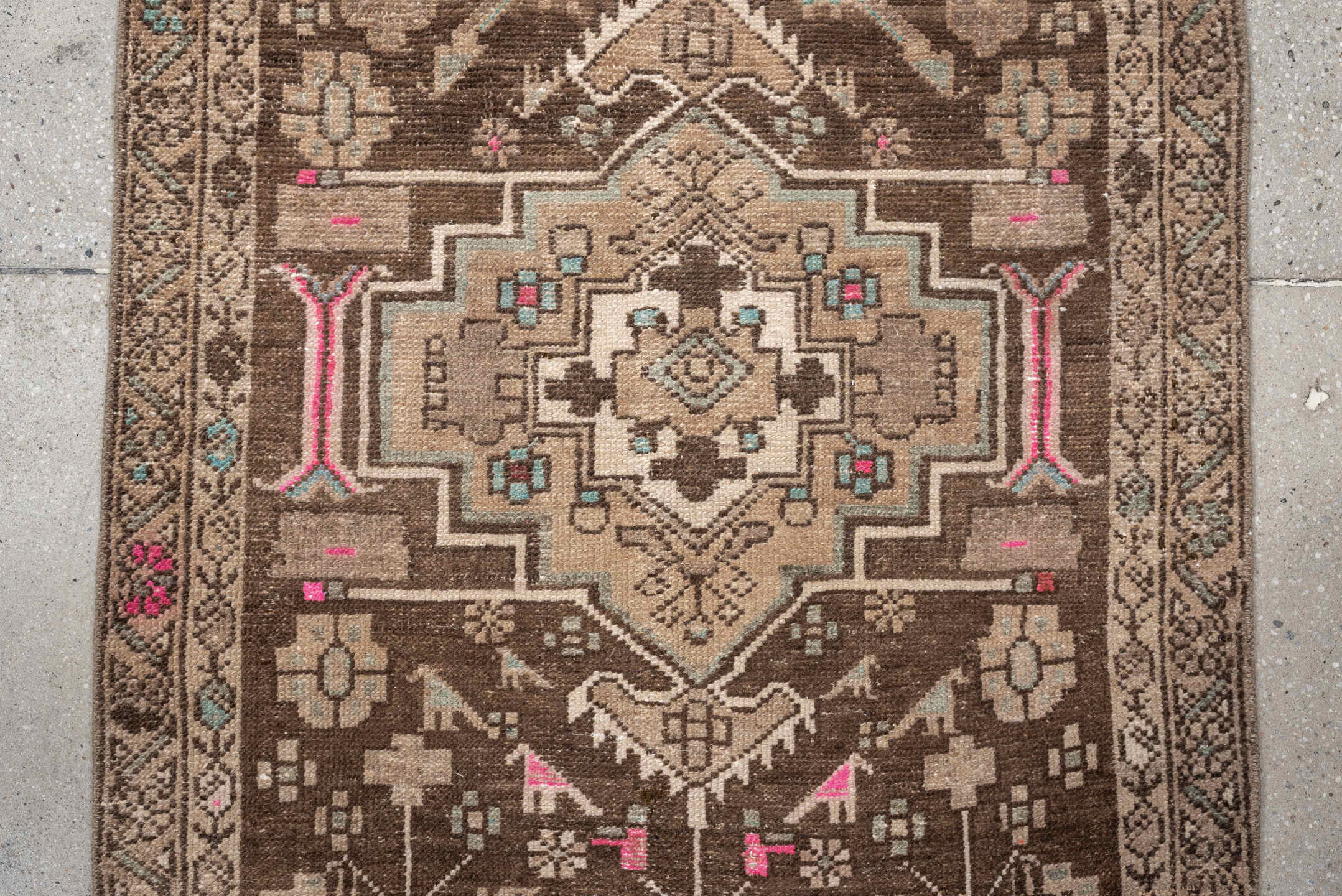2' x 8' one-of-a-kind handmade antique Hamadan runner rug. Color palette: brown, ivory, taupe, sky blue, rose, charcoal