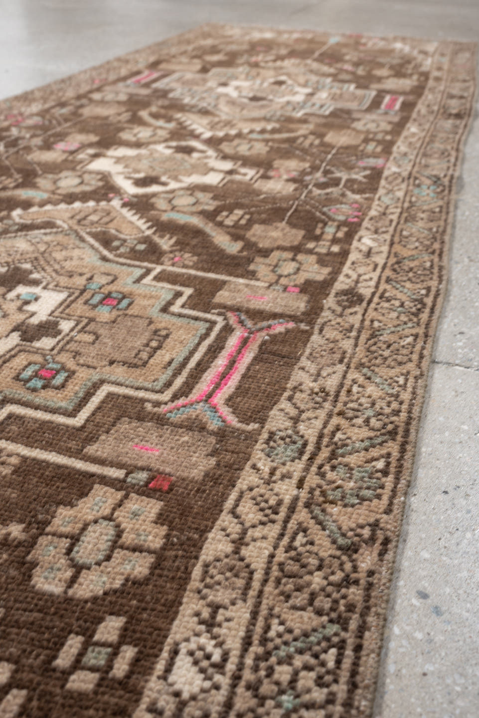 2' x 8' one-of-a-kind handmade antique Hamadan runner rug. Color palette: brown, ivory, taupe, sky blue, rose, charcoal