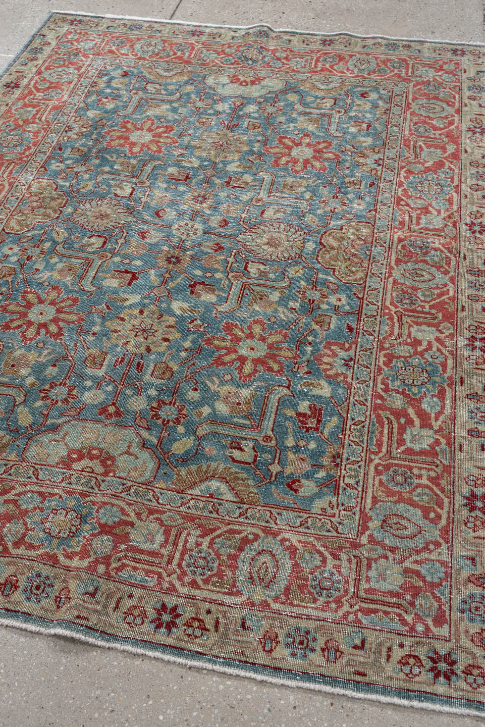 4' x 5' one-of-a-kind handmade antique Tabriz small size rug. Color palette: sky blue, terracotta, ivory, rust, sage, camel