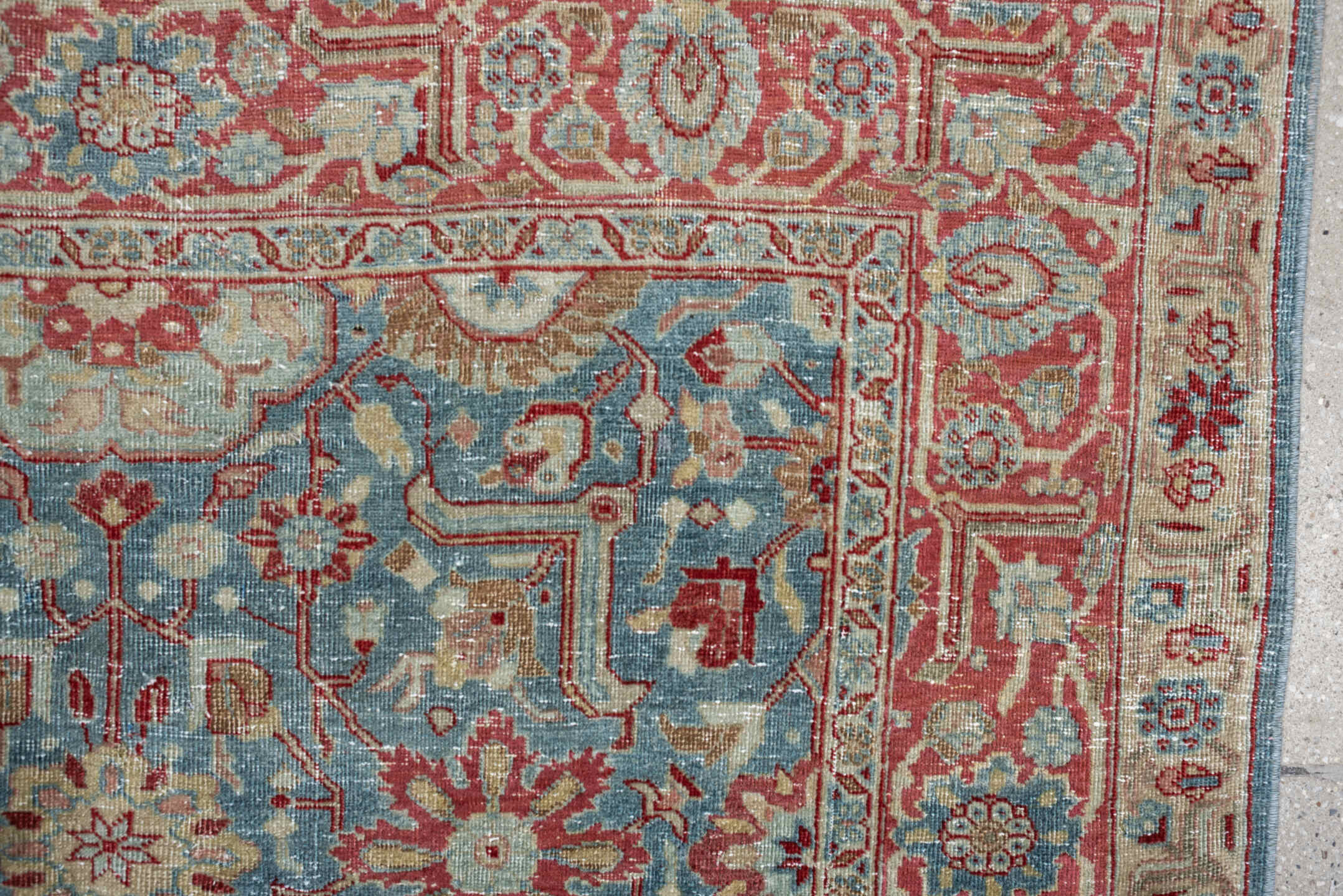4' x 5' one-of-a-kind handmade antique Tabriz small size rug. Color palette: sky blue, terracotta, ivory, rust, sage, camel