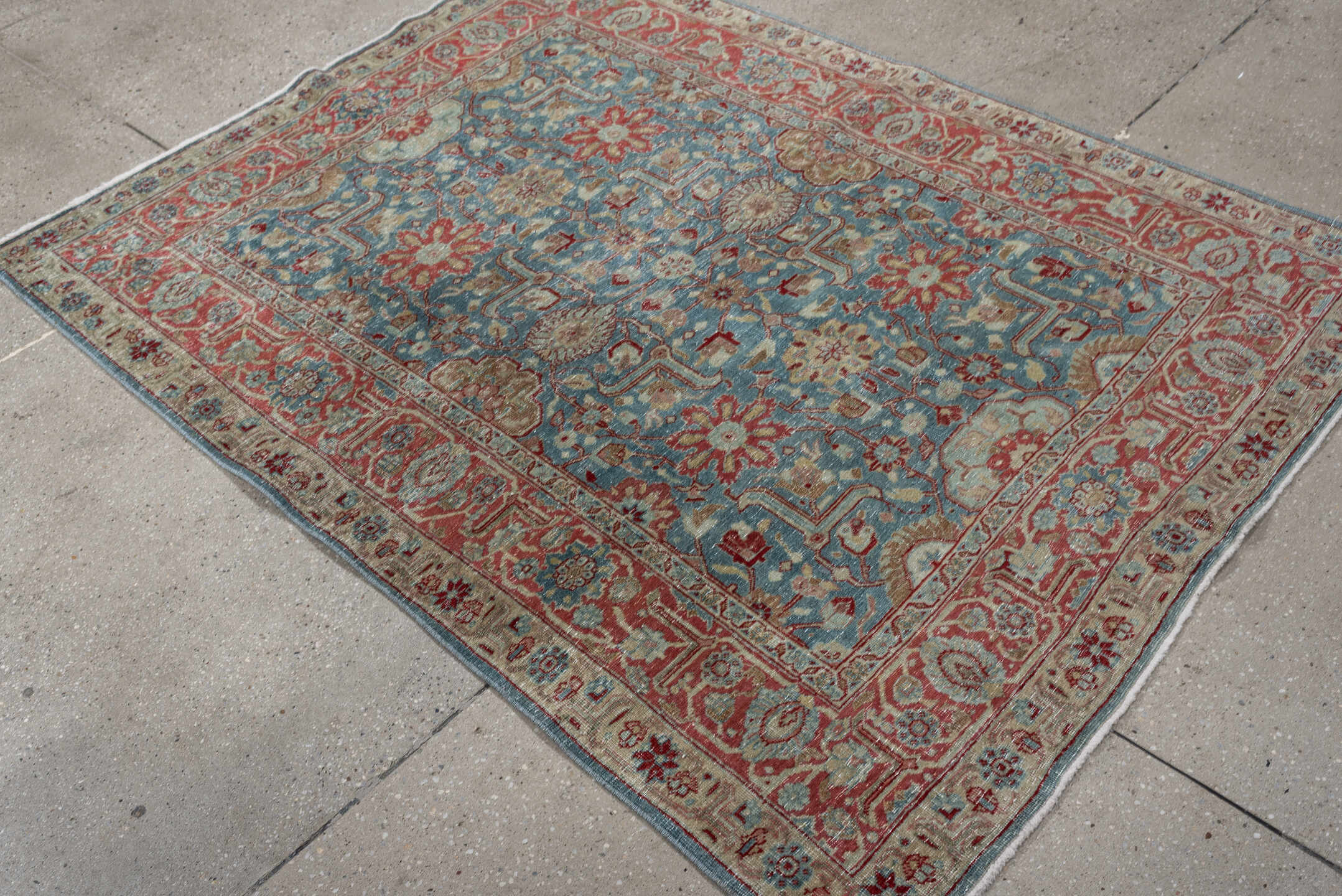 4' x 5' one-of-a-kind handmade antique Tabriz small size rug. Color palette: sky blue, terracotta, ivory, rust, sage, camel