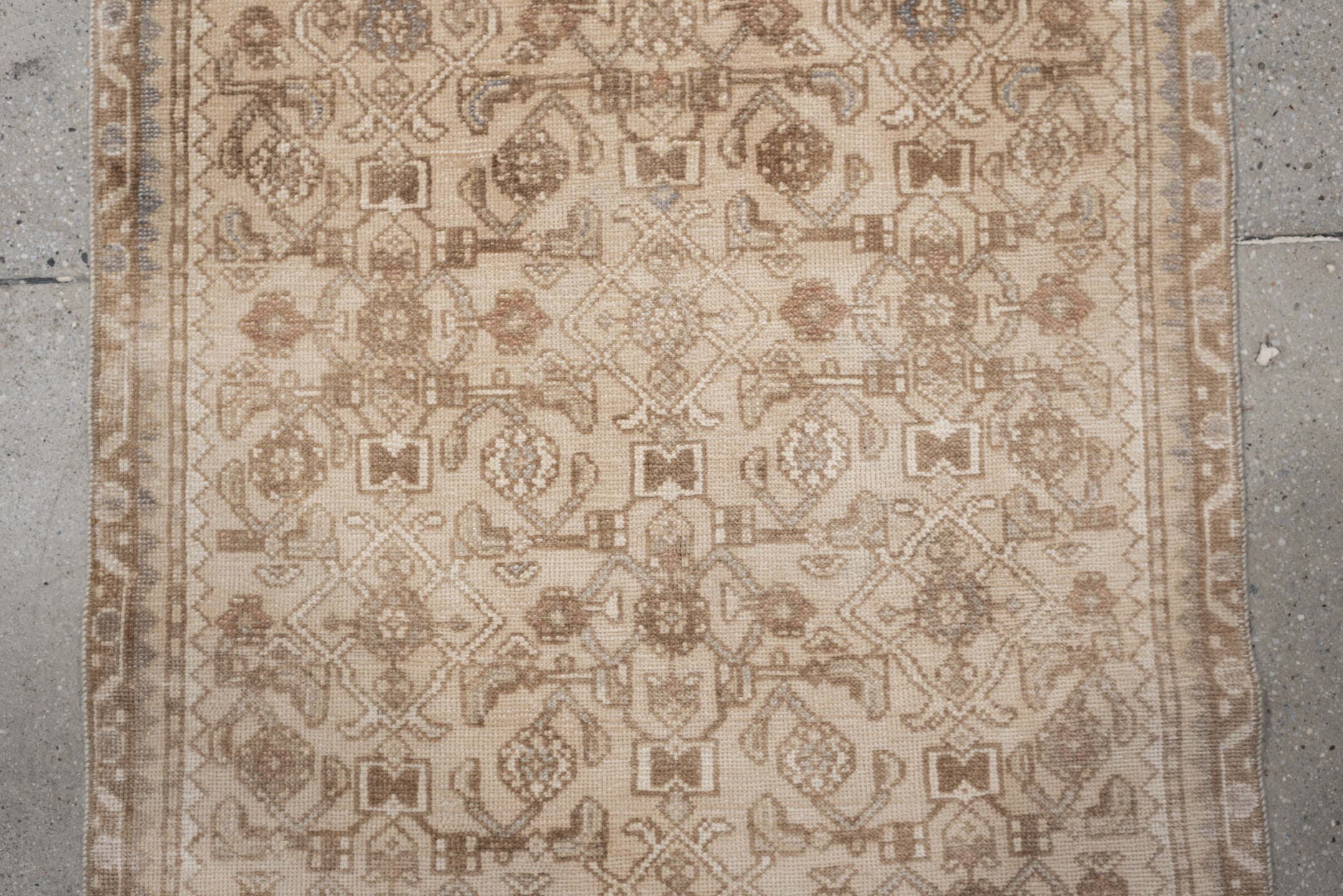 2' x 9' one-of-a-kind handmade antique Hamadan runner rug. Color palette: ivory, camel, taupe, sand, rose, pale_blue, beige