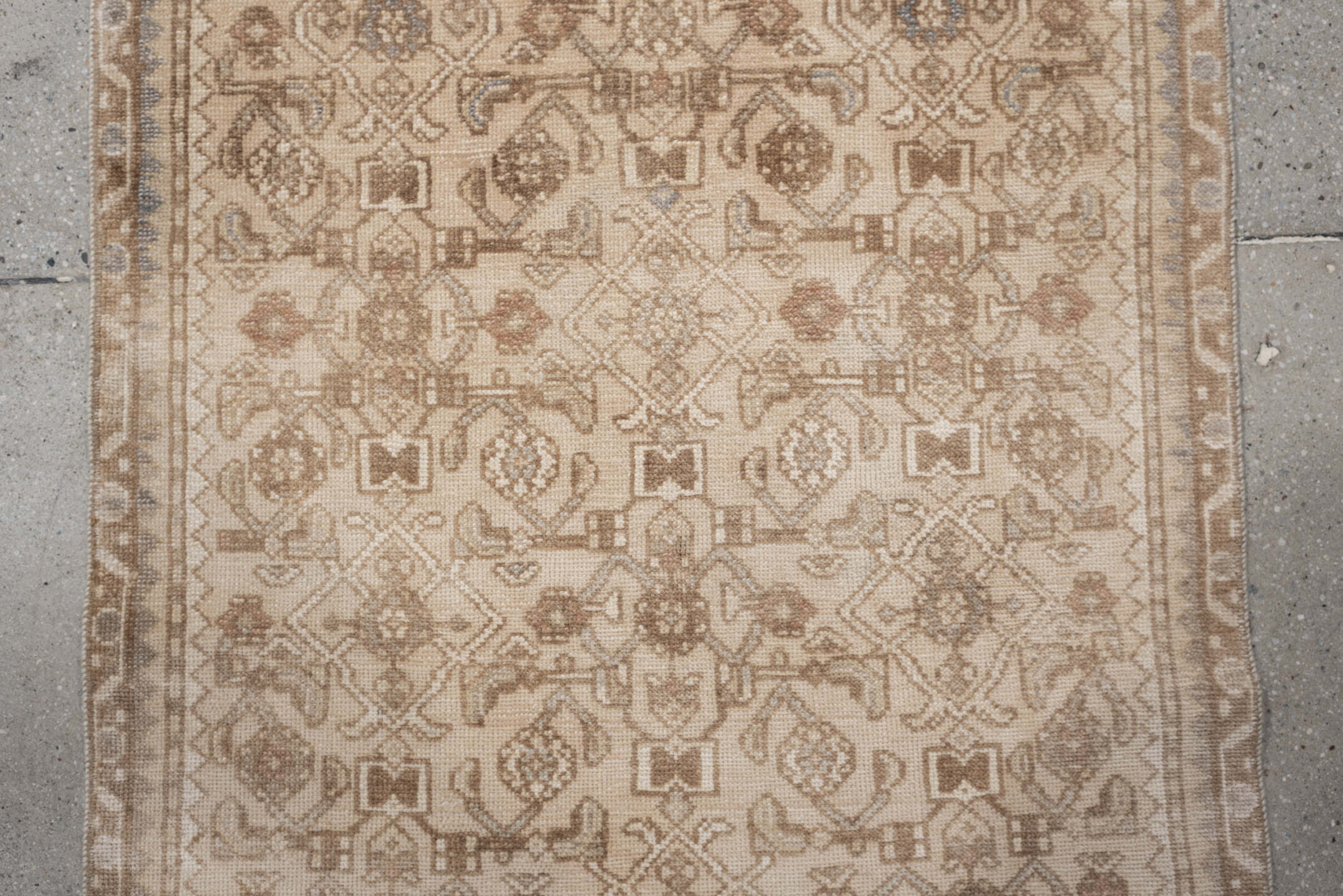 2' x 9' one-of-a-kind handmade antique Hamadan runner rug. Color palette: ivory, camel, taupe, sand, rose, pale_blue, beige