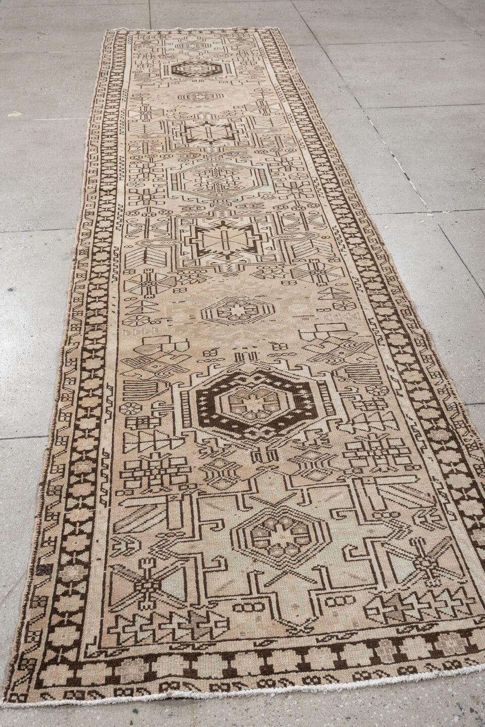 3' x 12' one-of-a-kind handmade antique Malayer runner rug. Color palette: ivory, taupe, brown, camel, charcoal, beige, gray