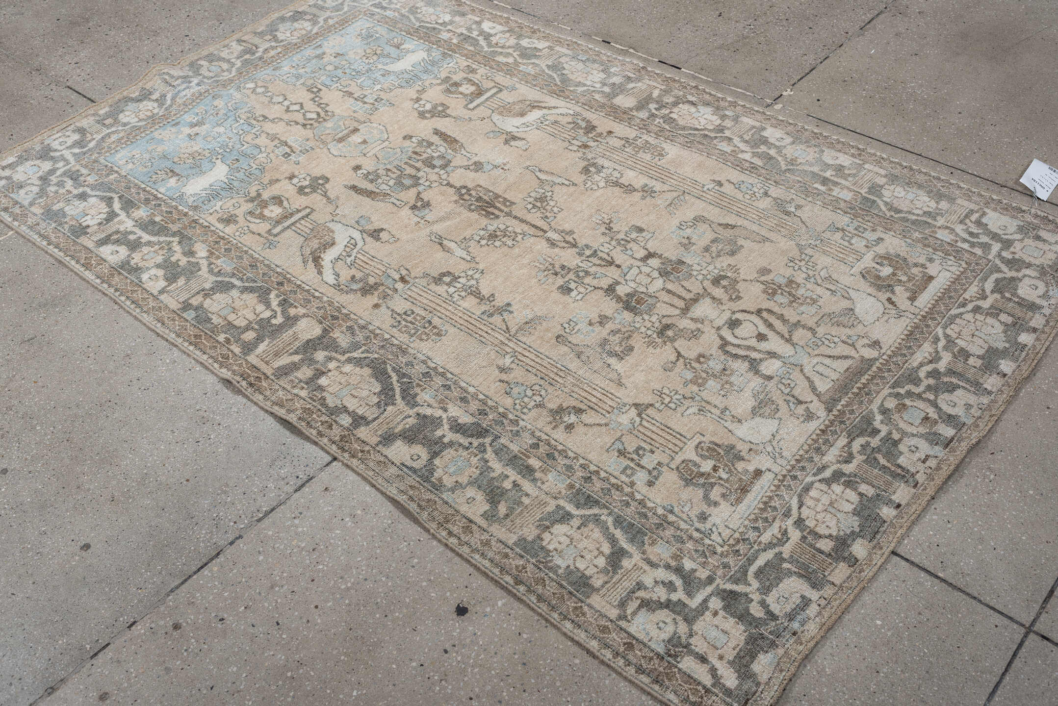 4' x 6' one-of-a-kind handmade antique Isfahan small size rug. Color palette: ivory, pale blue, charcoal, taupe, slate