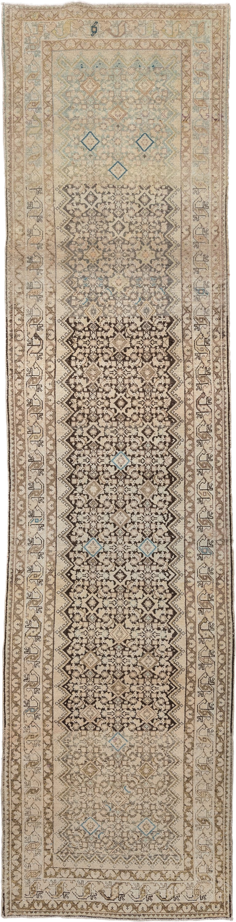 3' x 13' one-of-a-kind handmade antique Malayer runner rug. Color palette: ivory, taupe, brown, sky_blue, camel, charcoal