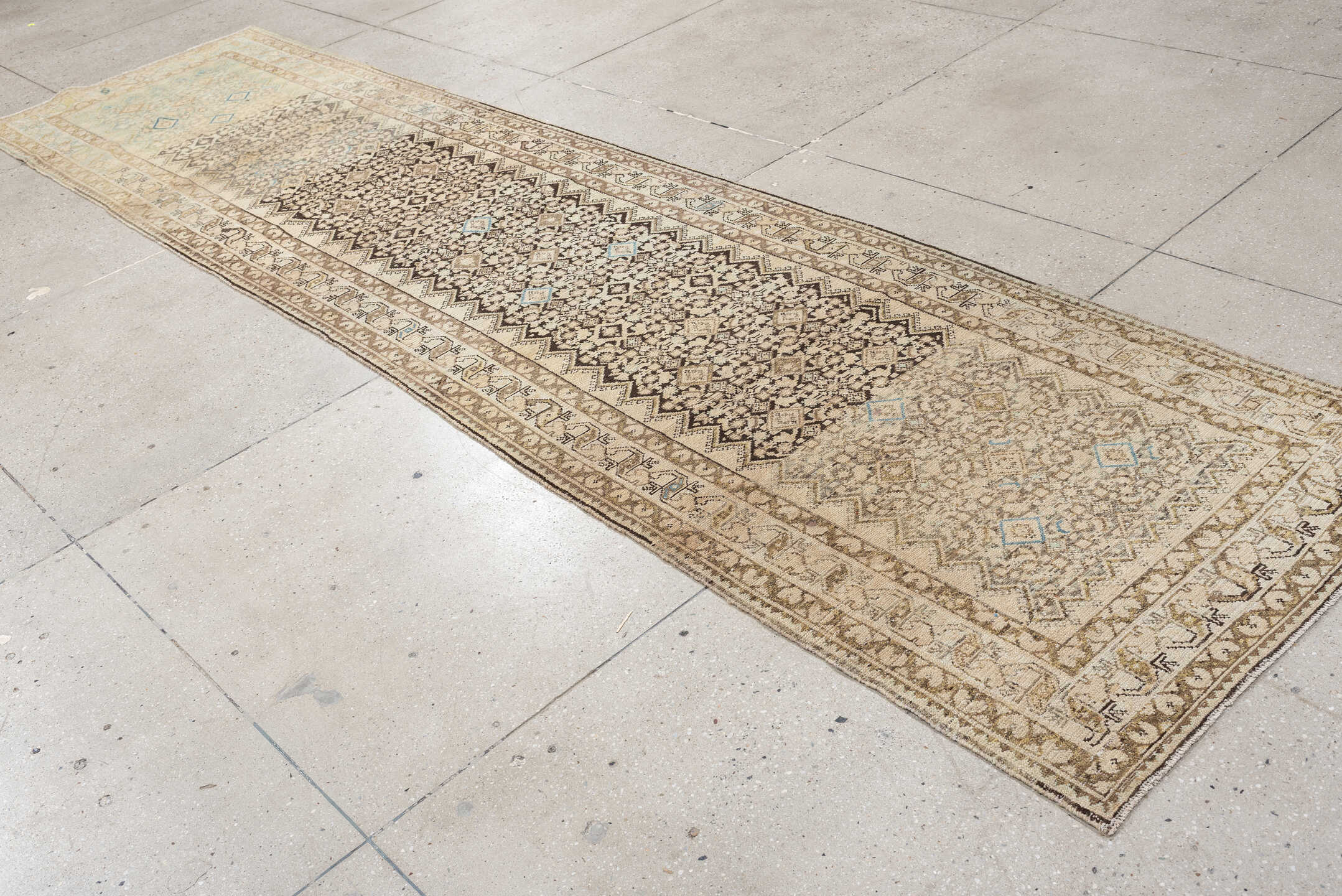 3' x 13' one-of-a-kind handmade antique Malayer runner rug. Color palette: ivory, taupe, brown, sky_blue, camel, charcoal