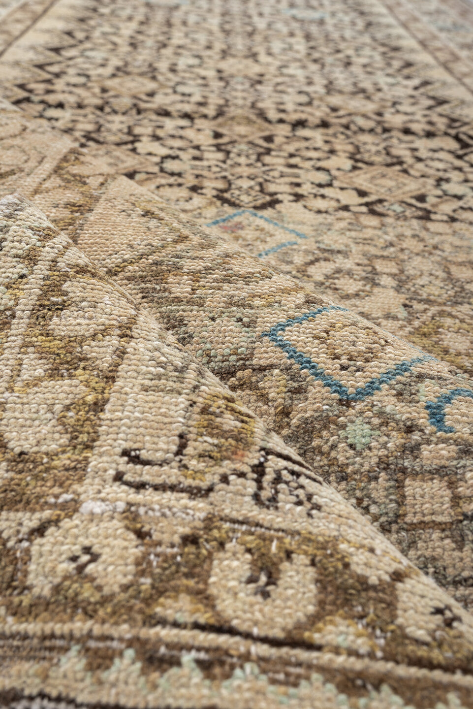 3' x 13' one-of-a-kind handmade antique Malayer runner rug. Color palette: ivory, taupe, brown, sky_blue, camel, charcoal