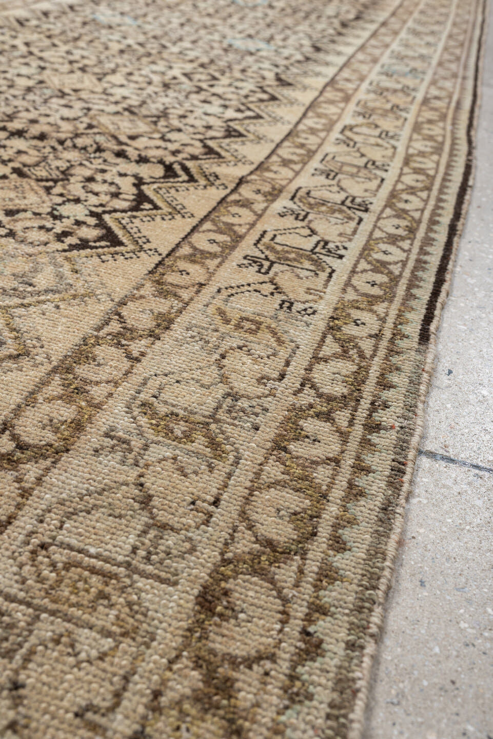 3' x 13' one-of-a-kind handmade antique Malayer runner rug. Color palette: ivory, taupe, brown, sky_blue, camel, charcoal