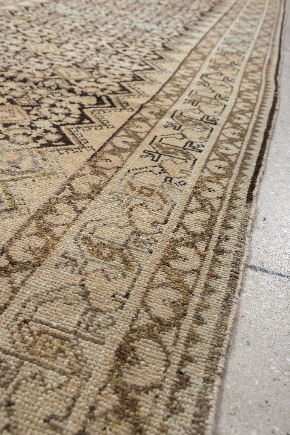 3' x 13' one-of-a-kind handmade antique Malayer runner rug. Color palette: ivory, taupe, brown, sky_blue, camel, charcoal