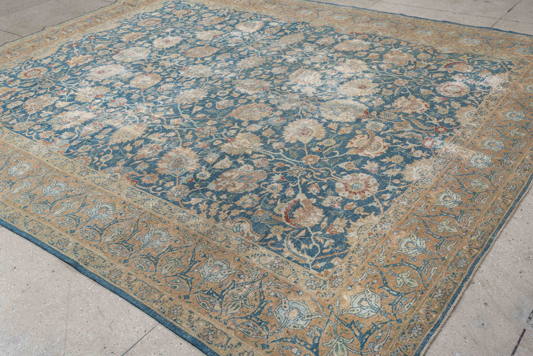 10' x 12' one-of-a-kind handmade antique Tabriz large size rug. Color palette: blue, ivory, beige, blush, terracotta, taupe