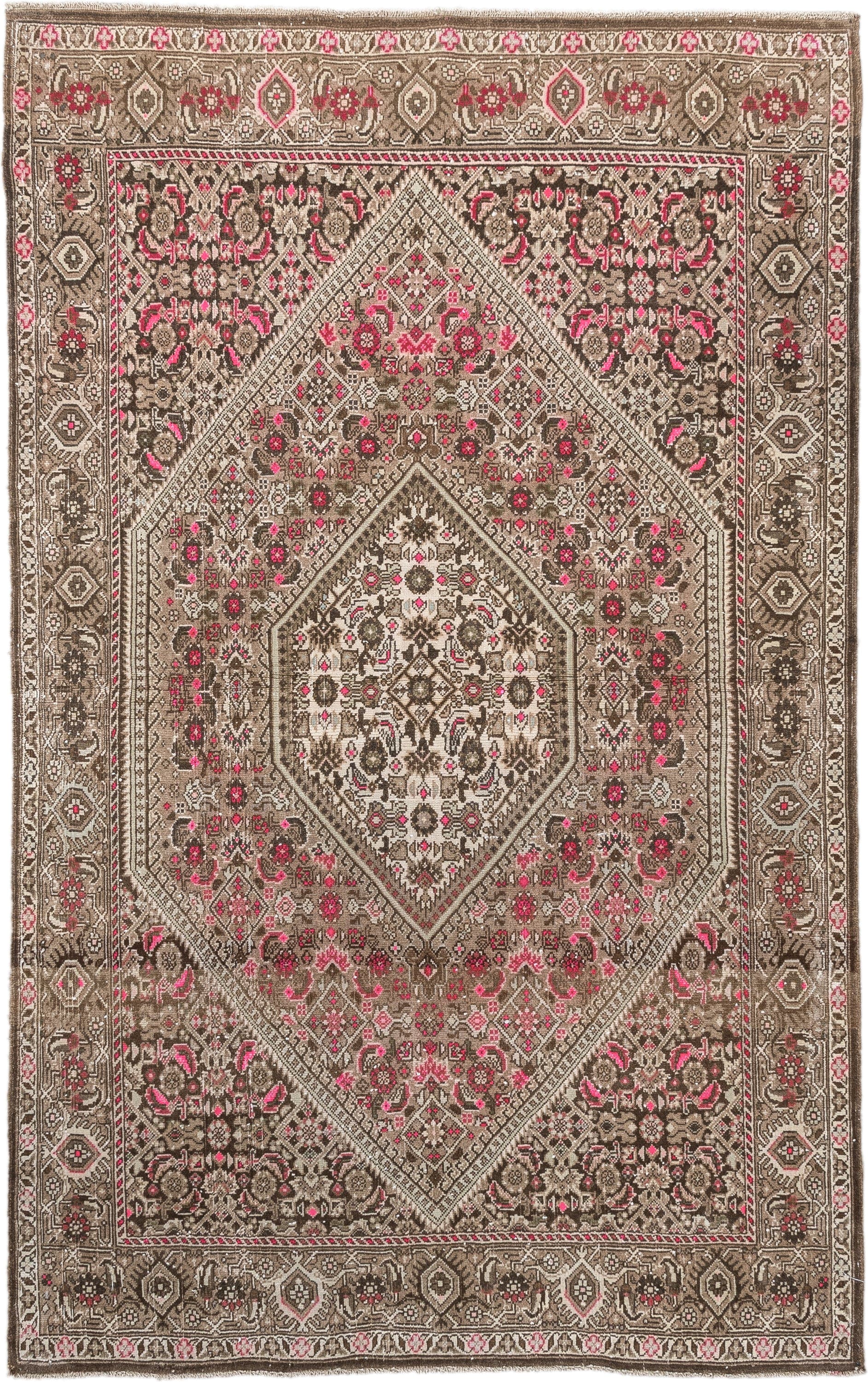 3' x 5' one-of-a-kind handmade antique Sivas small size rug. Color palette: taupe, brown, ivory, rose, crimson, charcoal