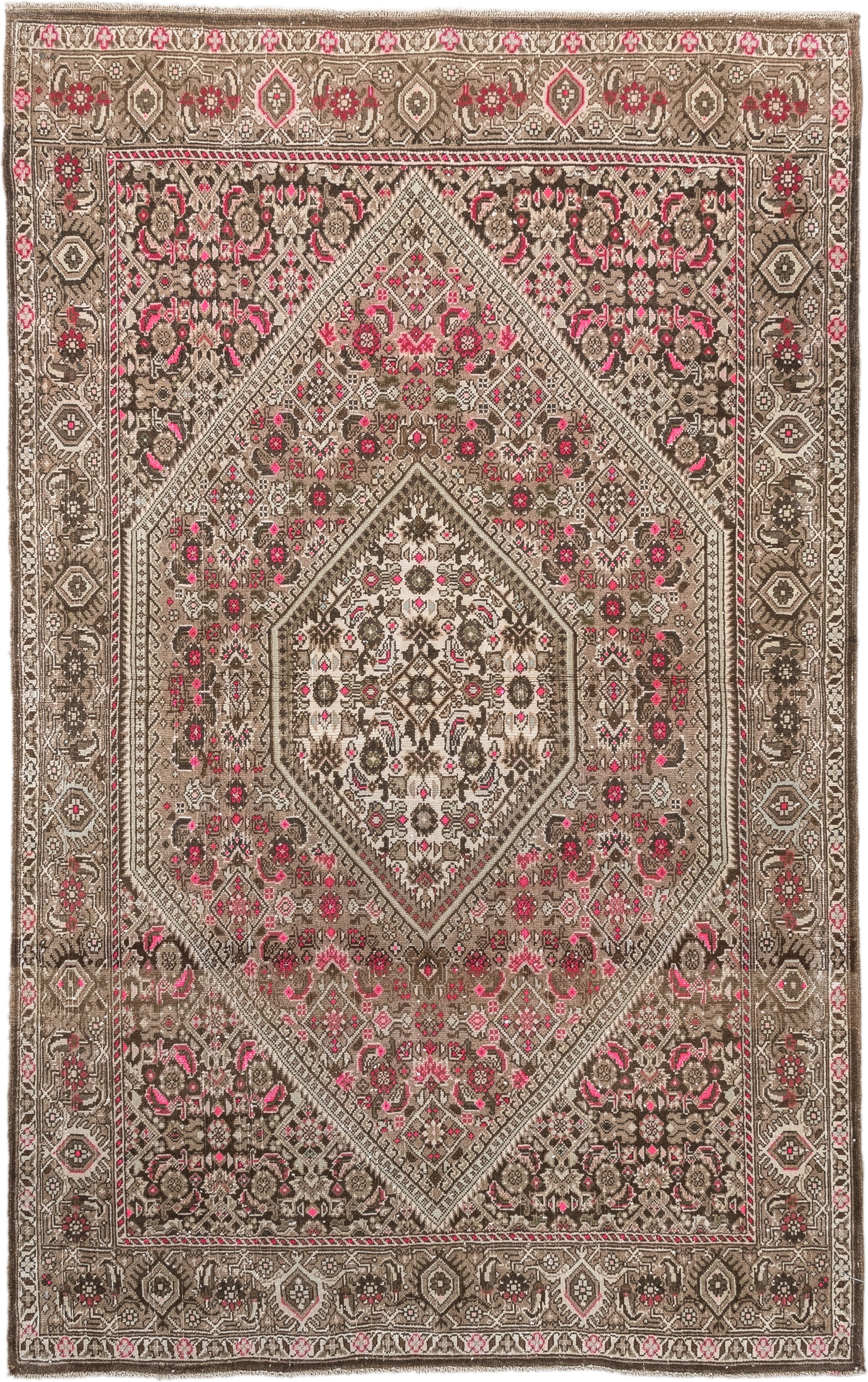 3' x 5' one-of-a-kind handmade antique Sivas small size rug. Color palette: taupe, brown, ivory, rose, crimson, charcoal