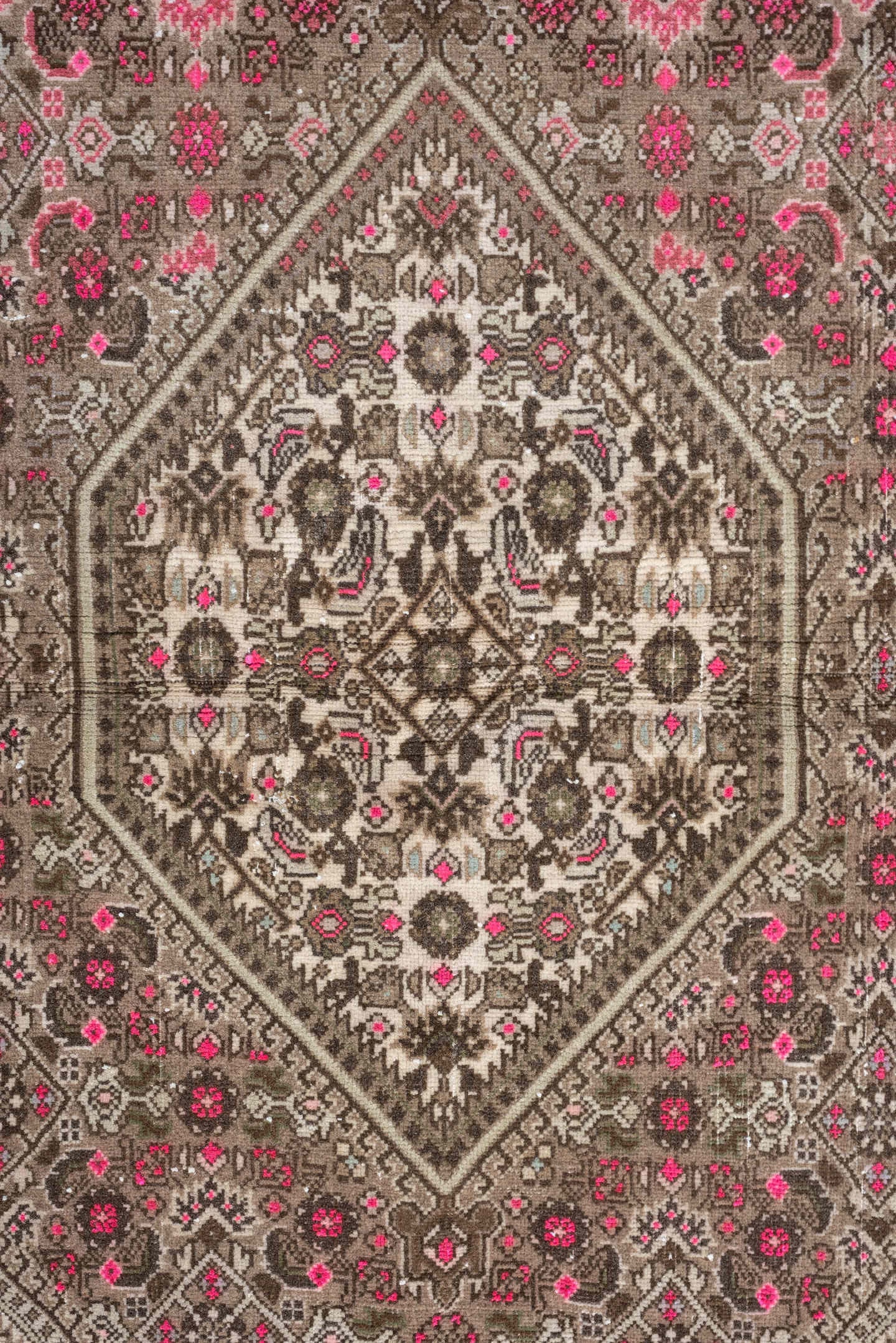 3' x 5' one-of-a-kind handmade antique Sivas small size rug. Color palette: taupe, brown, ivory, rose, crimson, charcoal