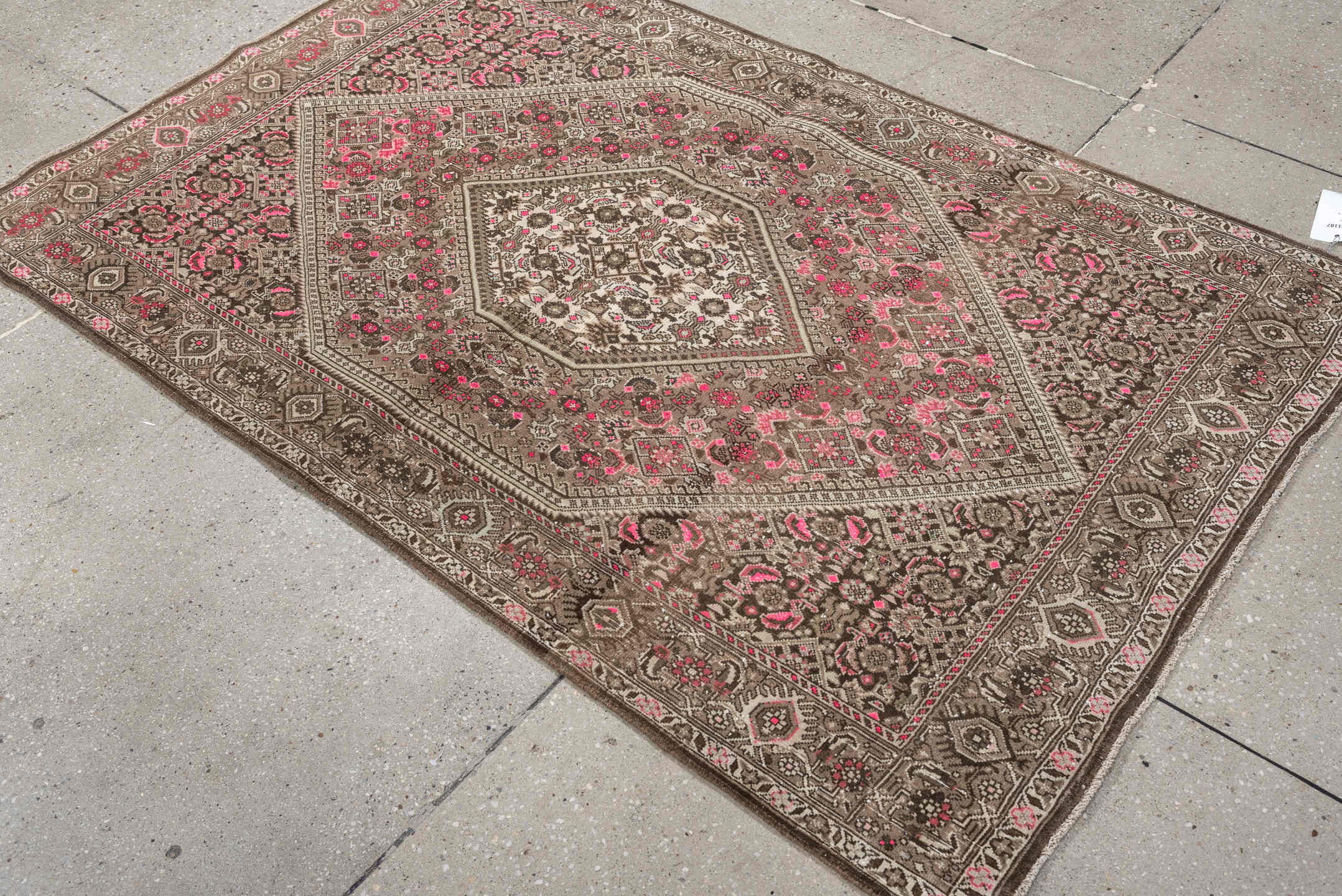 3' x 5' one-of-a-kind handmade antique Sivas small size rug. Color palette: taupe, brown, ivory, rose, crimson, charcoal