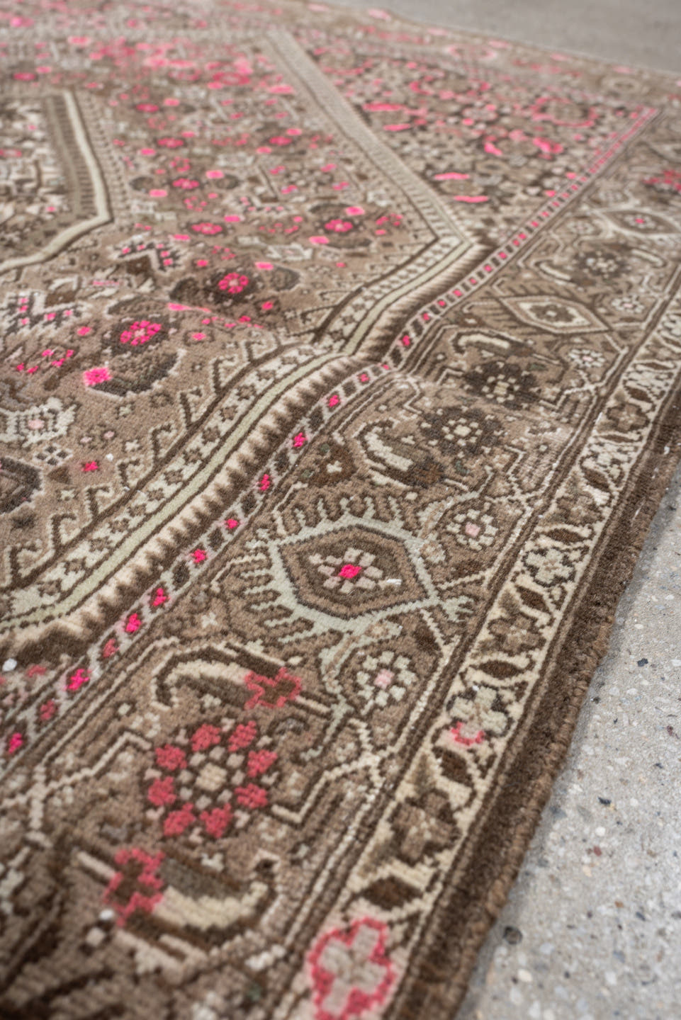 3' x 5' one-of-a-kind handmade antique Sivas small size rug. Color palette: taupe, brown, ivory, rose, crimson, charcoal