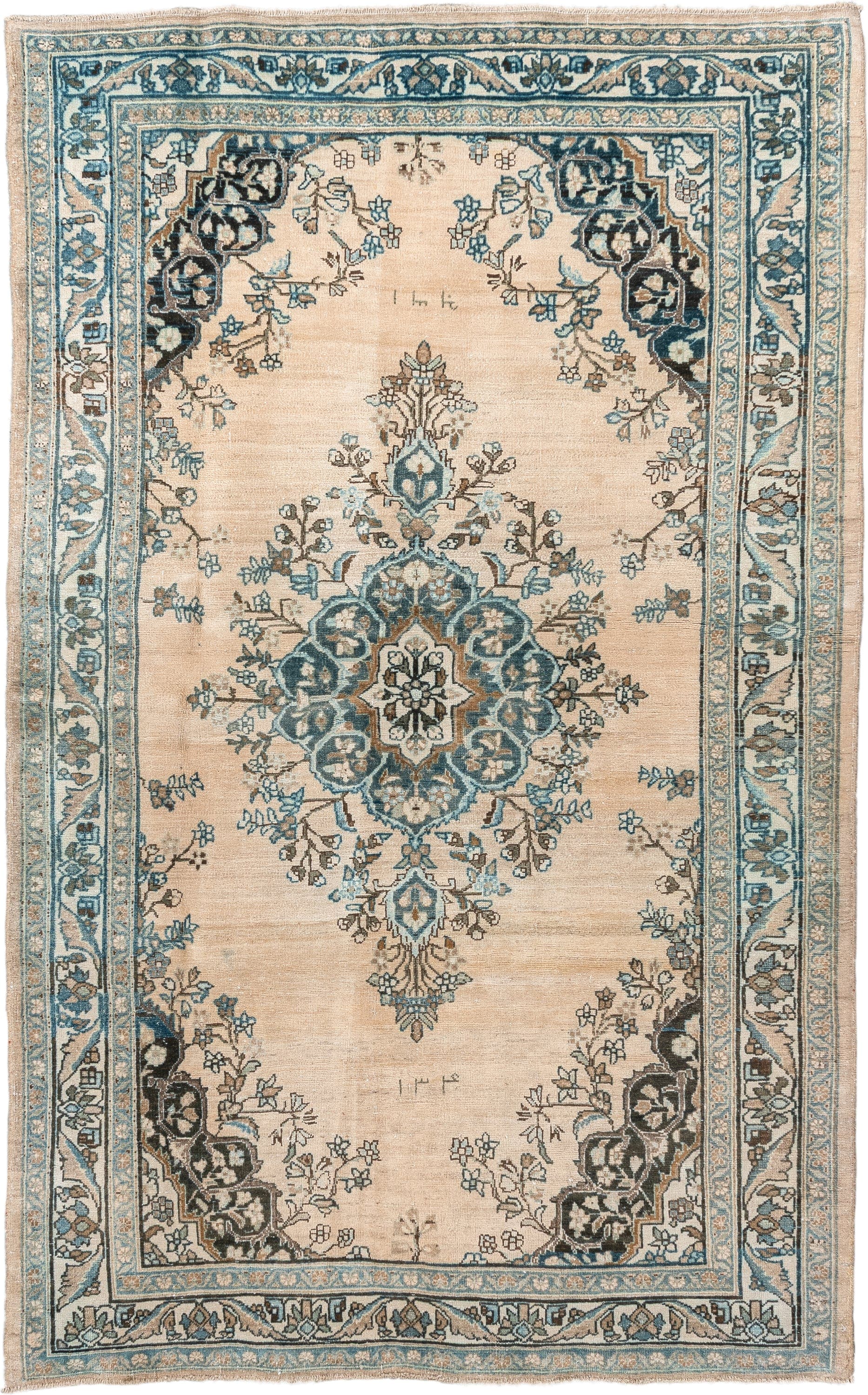 4' x 6' one-of-a-kind handmade antique Tabriz rug. Color palette: ivory, sky blue, slate, charcoal, taupe, camel, light blue