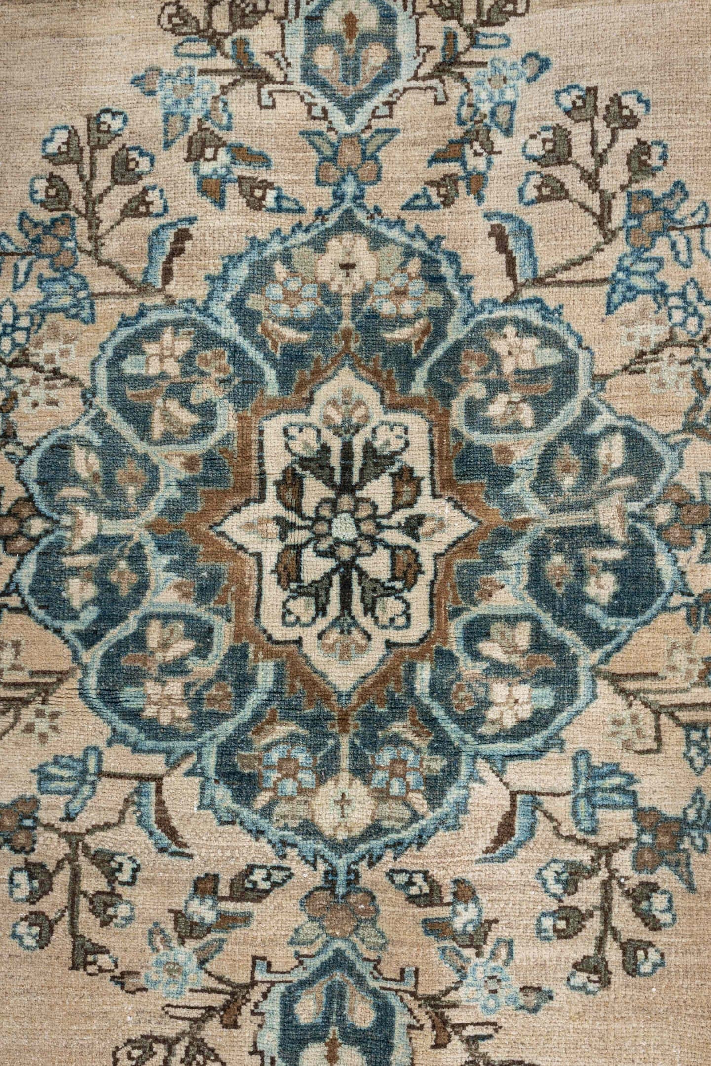 4' x 6' one-of-a-kind handmade antique Tabriz rug. Color palette: ivory, sky blue, slate, charcoal, taupe, camel, light blue
