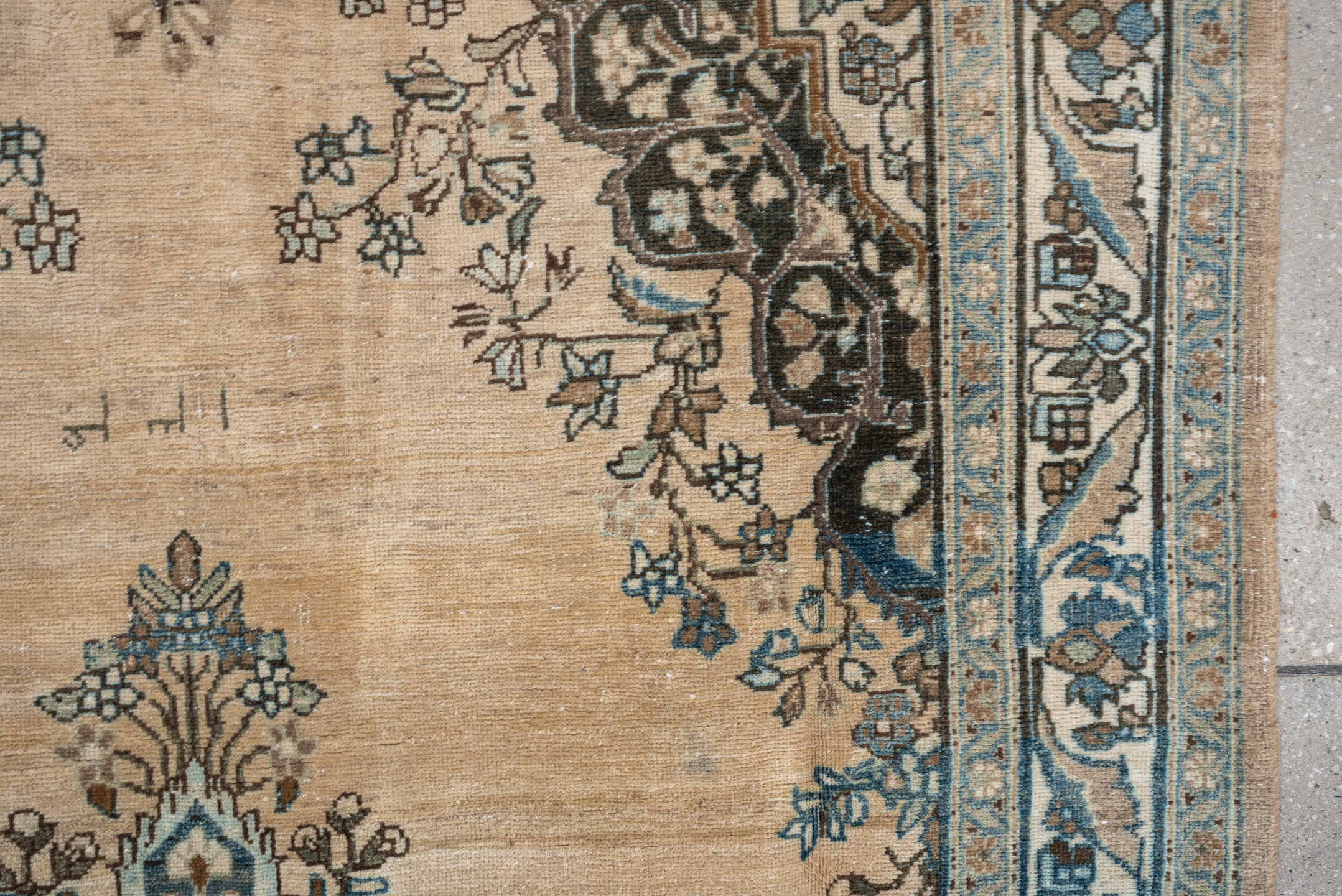 4' x 6' one-of-a-kind handmade antique Tabriz rug. Color palette: ivory, sky blue, slate, charcoal, taupe, camel, light blue
