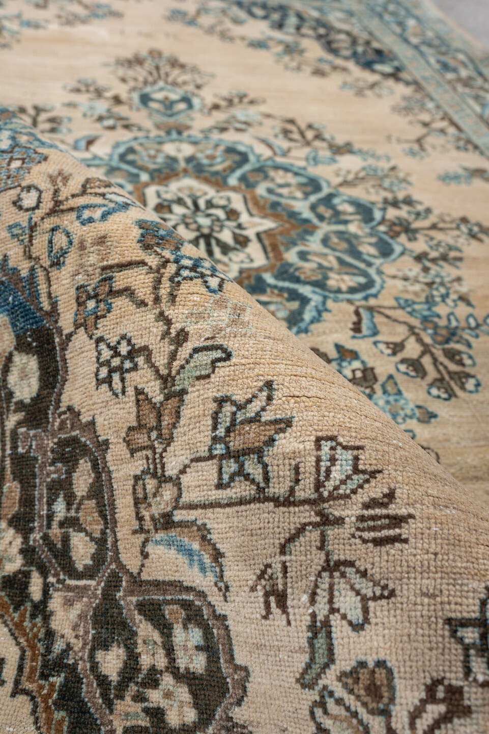 4' x 6' one-of-a-kind handmade antique Tabriz rug. Color palette: ivory, sky blue, slate, charcoal, taupe, camel, light blue