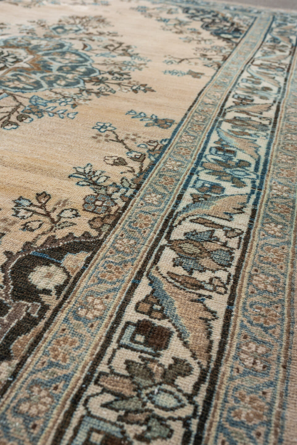 4' x 6' one-of-a-kind handmade antique Tabriz rug. Color palette: ivory, sky blue, slate, charcoal, taupe, camel, light blue
