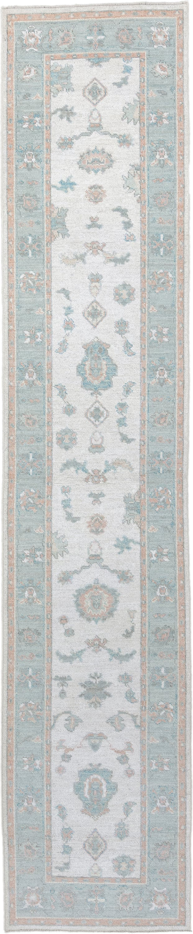 3' x 14' one-of-a-kind handmade vintage Oushak runner rug. Color palette: ivory, aqua, blush, sage, pale blue, taupe, teal