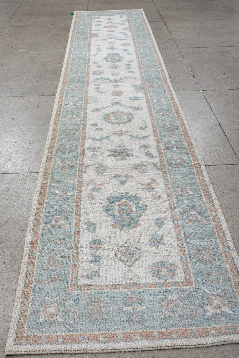 3' x 14' one-of-a-kind handmade vintage Oushak runner rug. Color palette: ivory, aqua, blush, sage, pale blue, taupe, teal