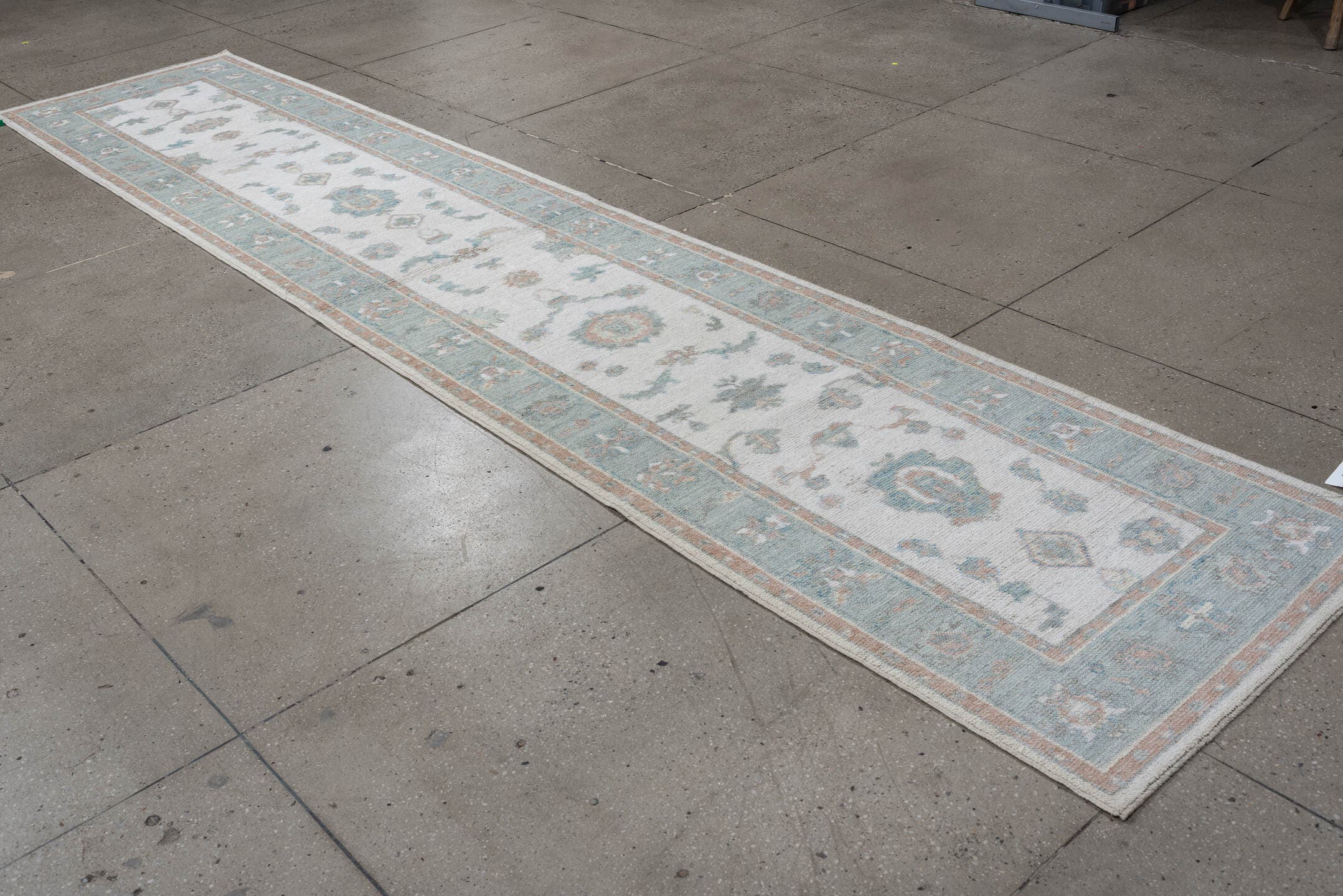 3' x 14' one-of-a-kind handmade vintage Oushak runner rug. Color palette: ivory, aqua, blush, sage, pale blue, taupe, teal