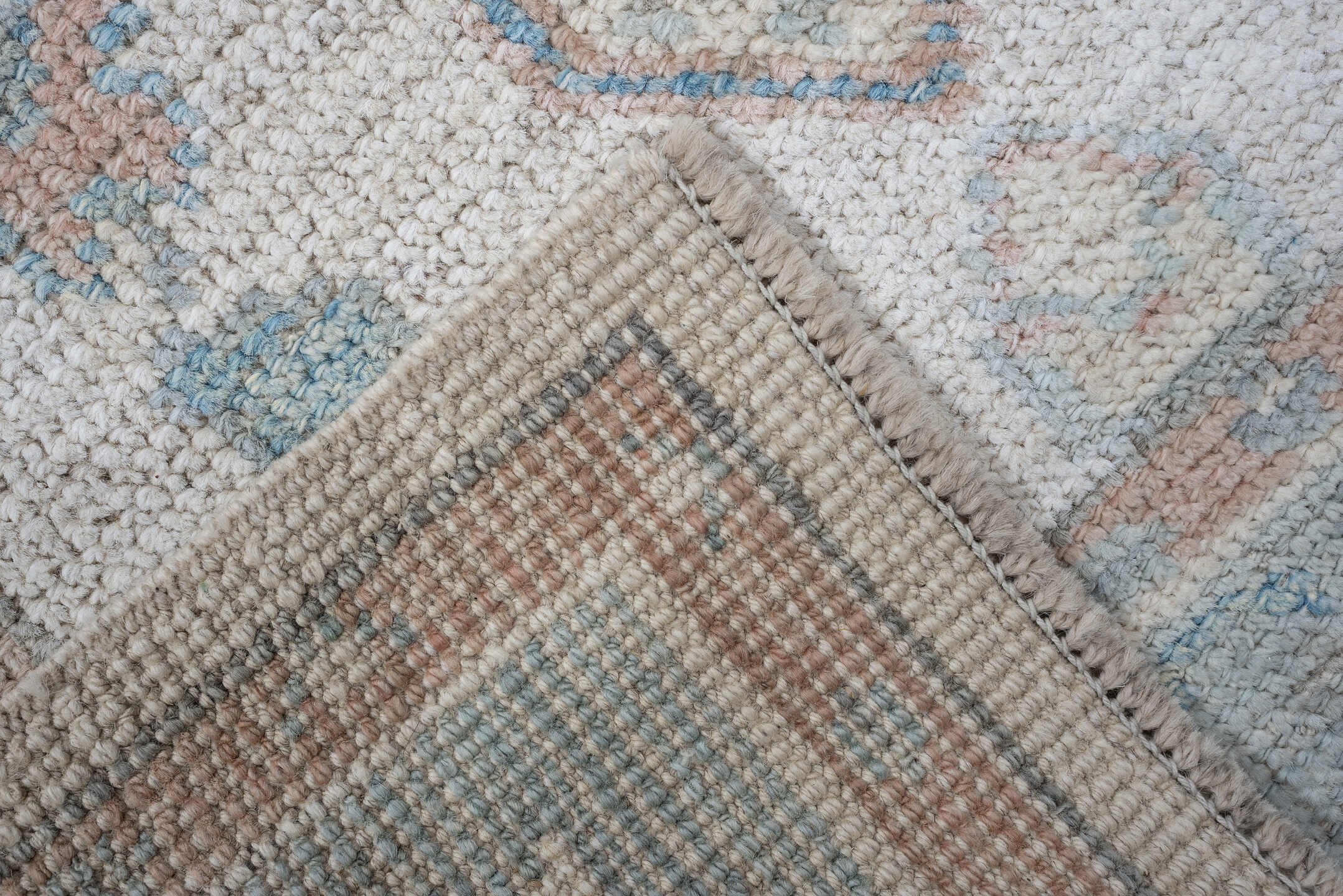 3' x 14' one-of-a-kind handmade vintage Oushak runner rug. Color palette: ivory, aqua, blush, sage, pale blue, taupe, teal