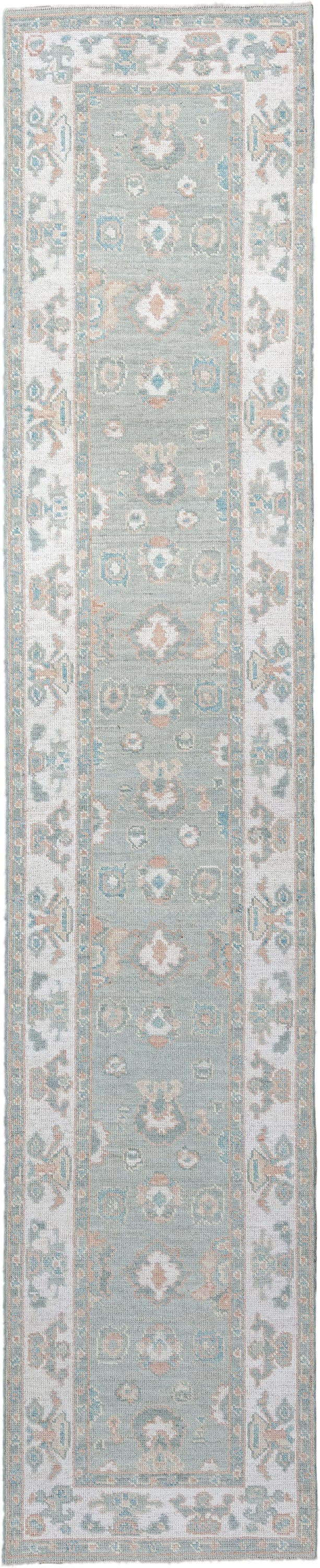 2' x 14' one-of-a-kind handmade vintage Oushak runner rug. Color palette: aqua, ivory, blush, taupe, sage, teal, pink, beige