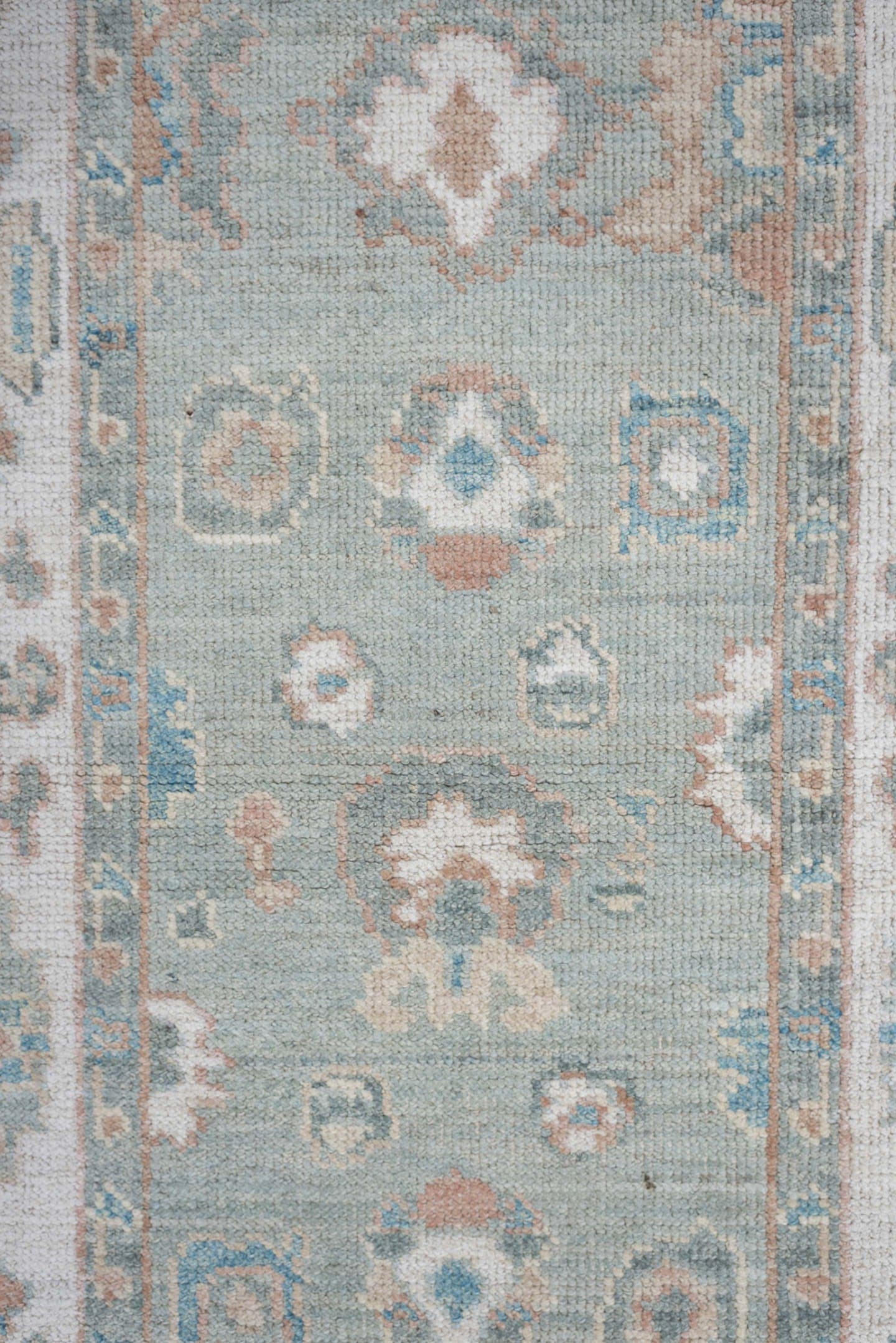 2' x 14' one-of-a-kind handmade vintage Oushak runner rug. Color palette: aqua, ivory, blush, taupe, sage, teal, pink, beige