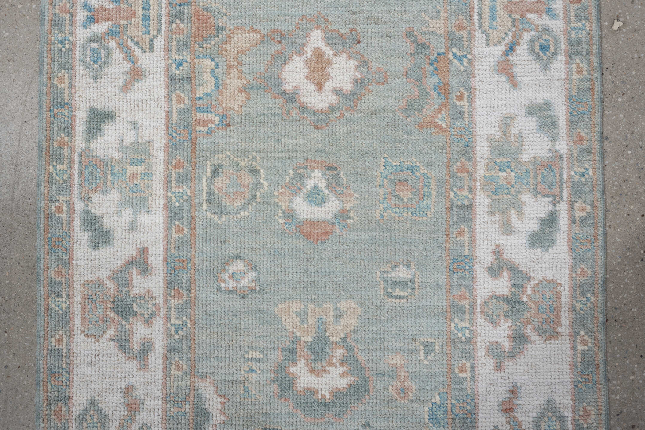 2' x 14' one-of-a-kind handmade vintage Oushak runner rug. Color palette: aqua, ivory, blush, taupe, sage, teal, pink, beige