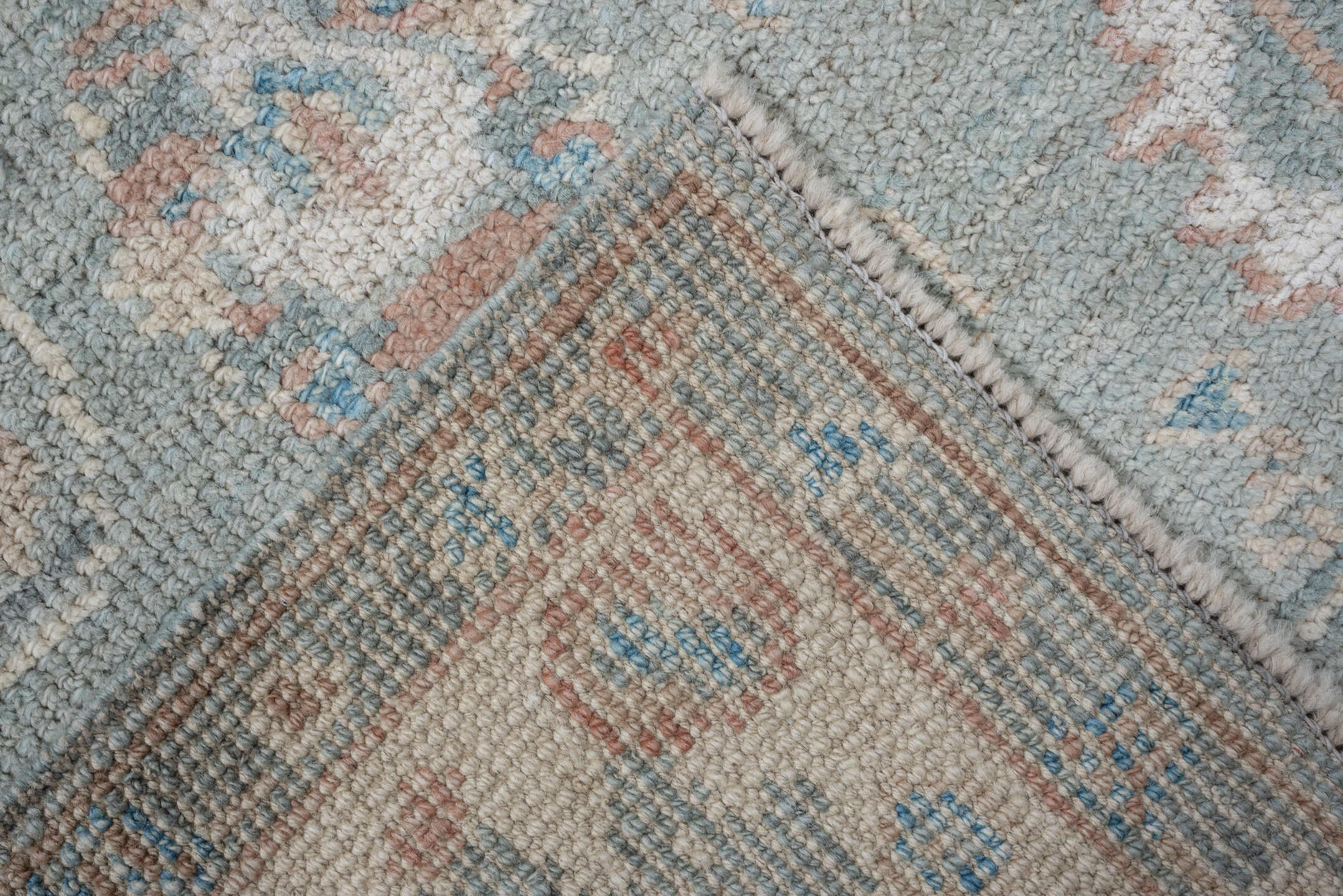 2' x 14' one-of-a-kind handmade vintage Oushak runner rug. Color palette: aqua, ivory, blush, taupe, sage, teal, pink, beige