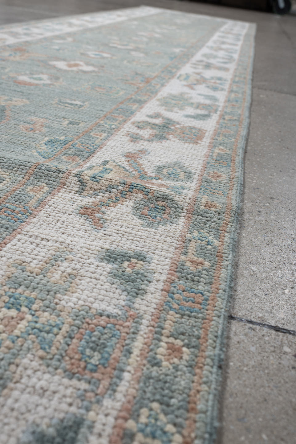2' x 14' one-of-a-kind handmade vintage Oushak runner rug. Color palette: aqua, ivory, blush, taupe, sage, teal, pink, beige