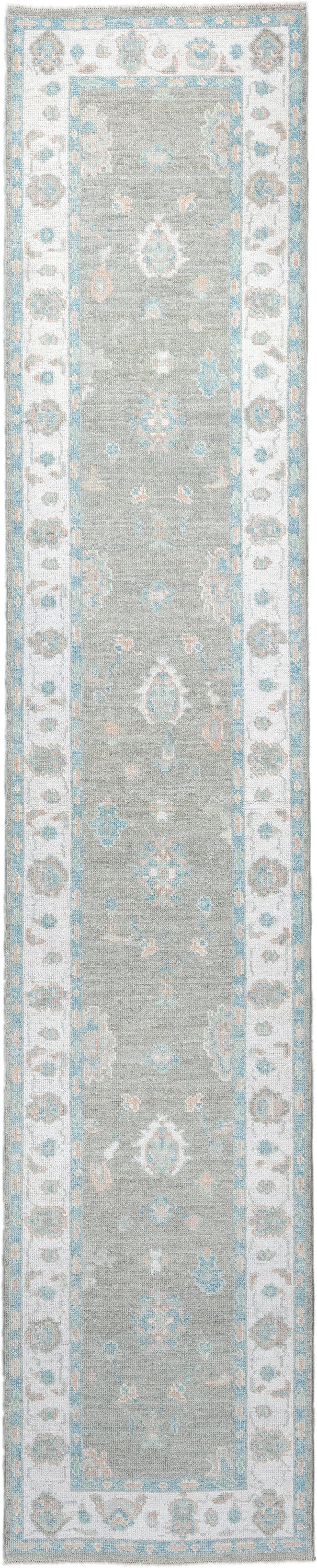 3' x 14' one-of-a-kind handmade vintage Oushak runner rug. Color palette: light gray, ivory, pale aqua, blush, taupe, teal