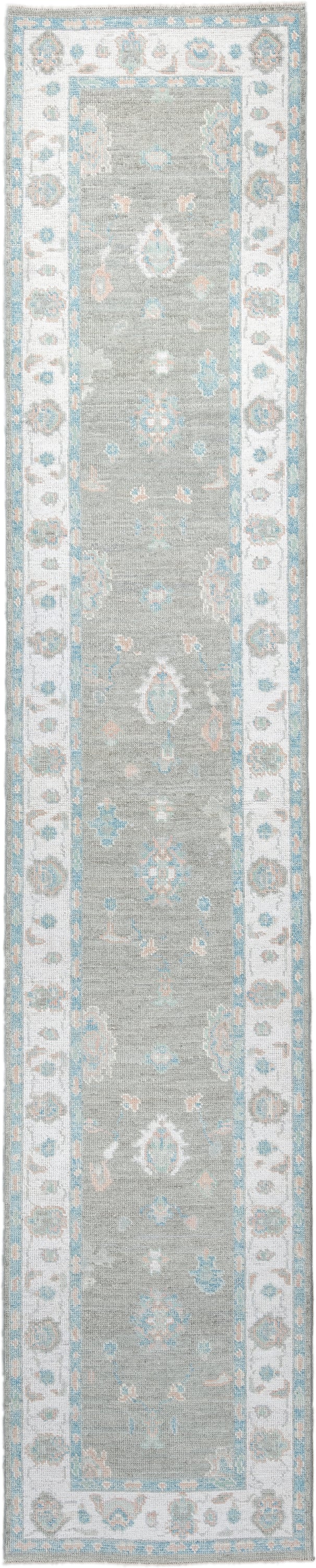 3' x 14' one-of-a-kind handmade vintage Oushak runner rug. Color palette: light gray, ivory, pale aqua, blush, taupe, teal
