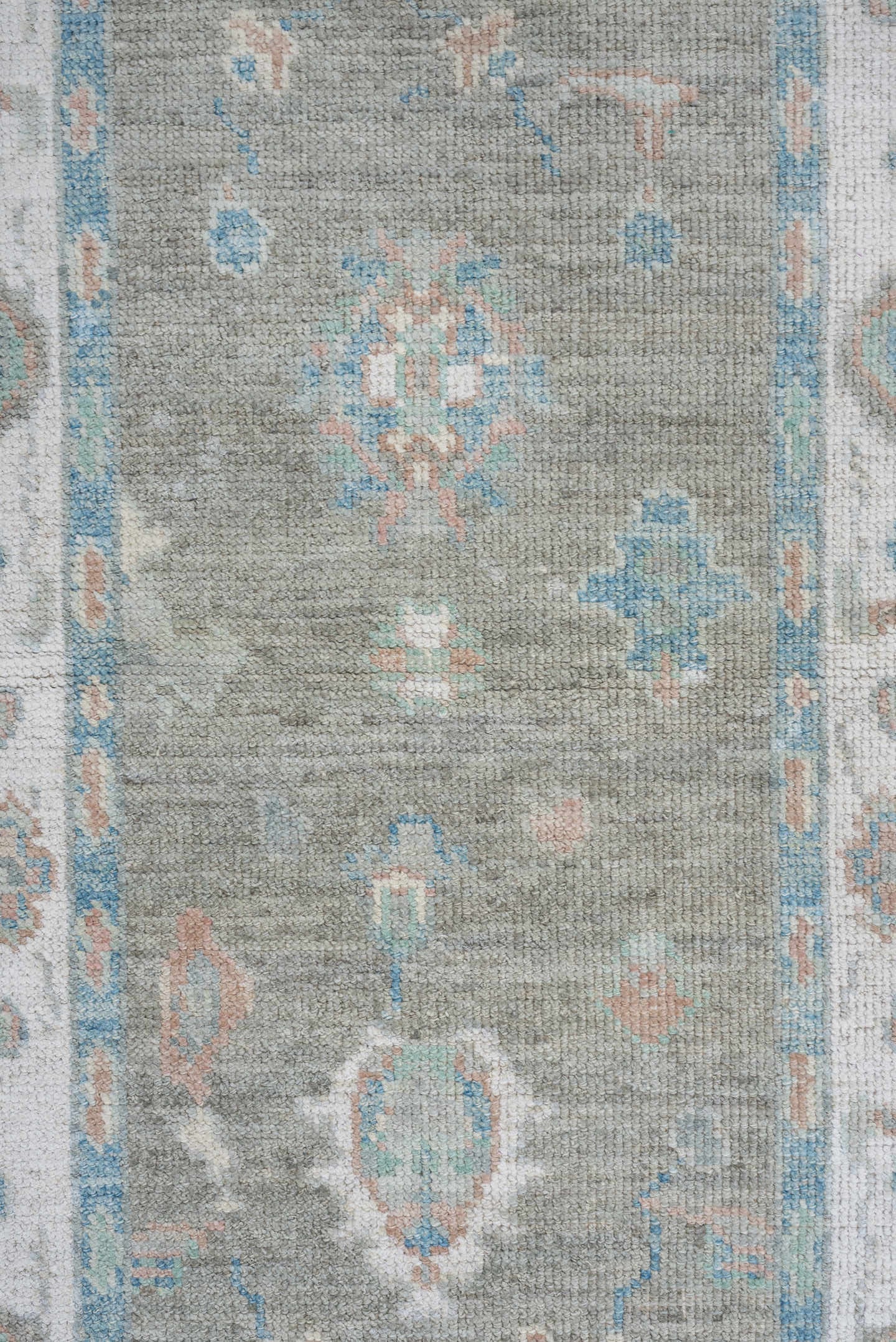 3' x 14' one-of-a-kind handmade vintage Oushak runner rug. Color palette: light gray, ivory, pale aqua, blush, taupe, teal