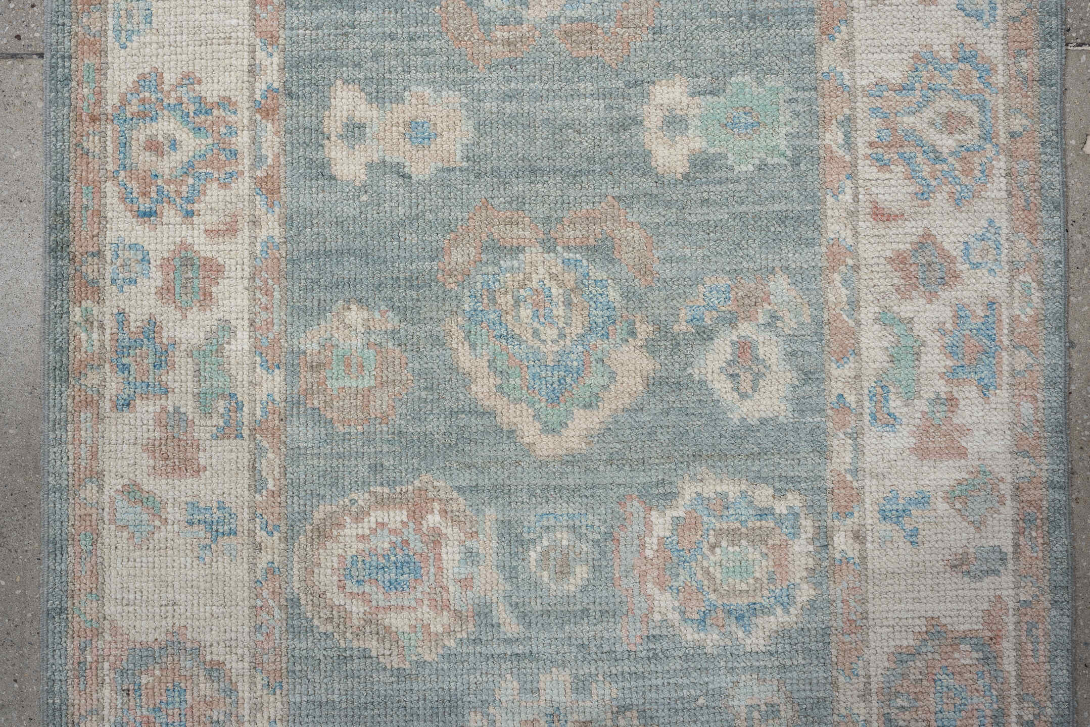 3' x 14' one-of-a-kind handmade vintage Oushak runner rug. Color palette: sky blue, ivory, blush, terracotta, sage, taupe